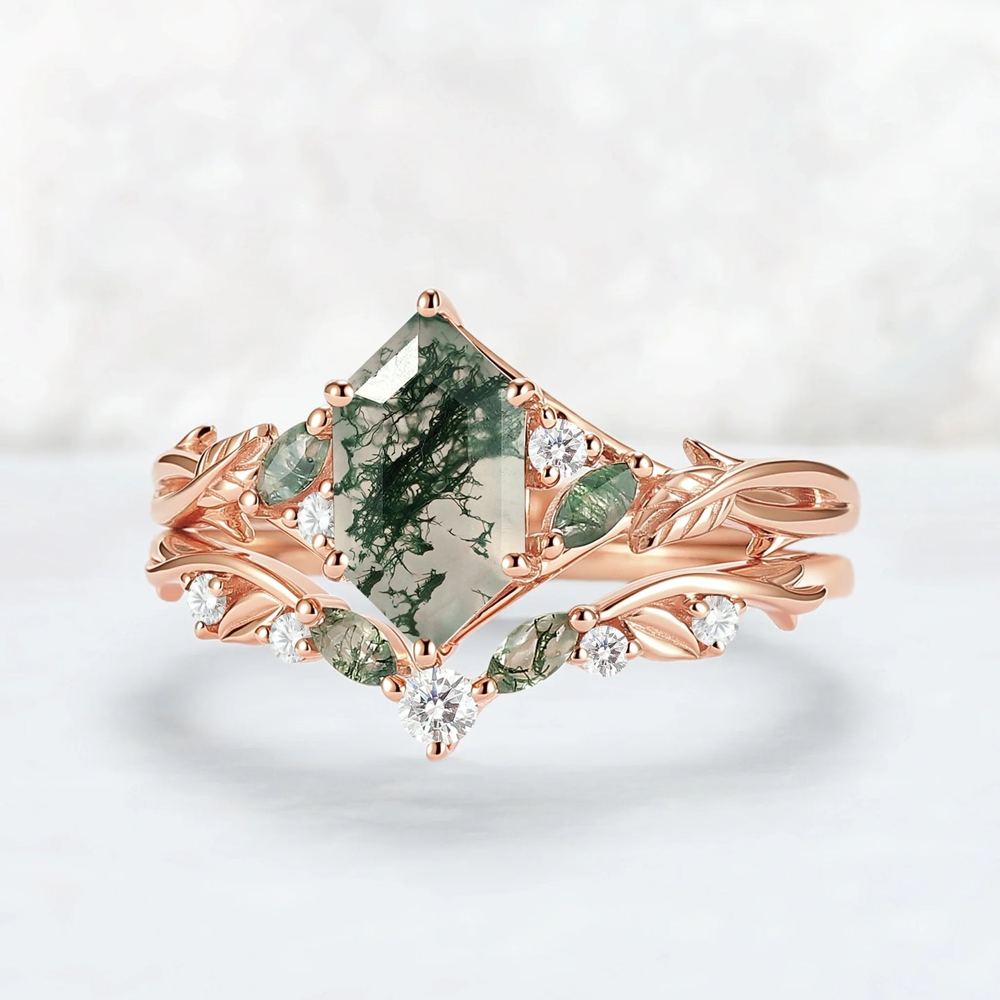 Unique Hexagon Cut Moss Agate Vine Leaf Gemstone Ring Set 2pcs