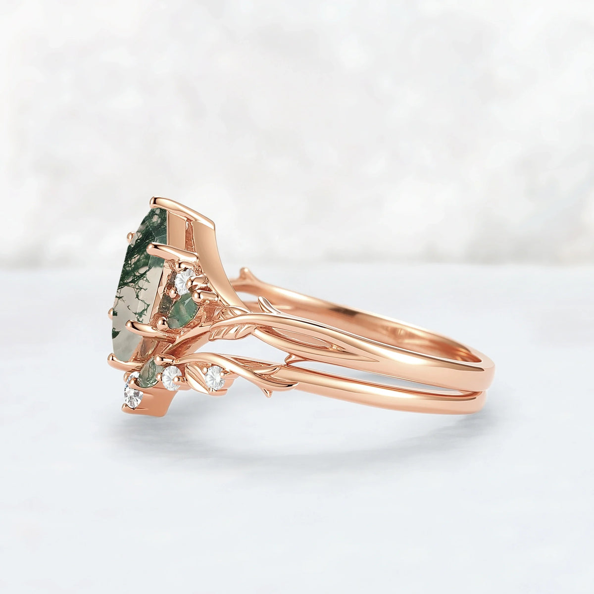 Unique Hexagon Cut Moss Agate Vine Leaf Gemstone Ring Set 2pcs