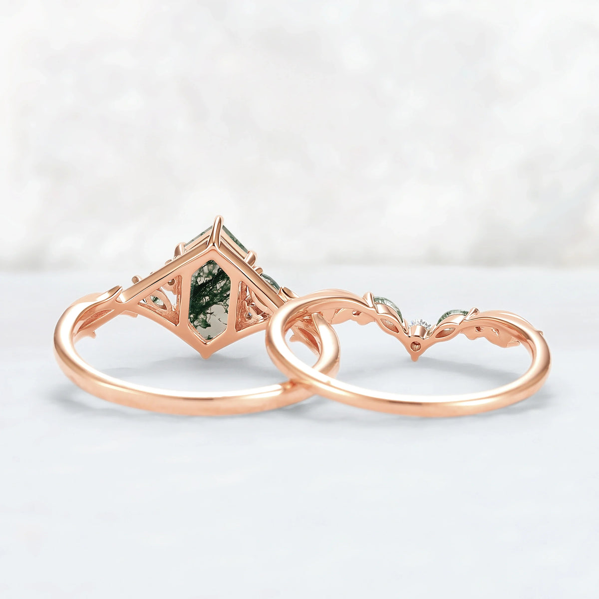 Unique Hexagon Cut Moss Agate Vine Leaf Gemstone Ring Set 2pcs