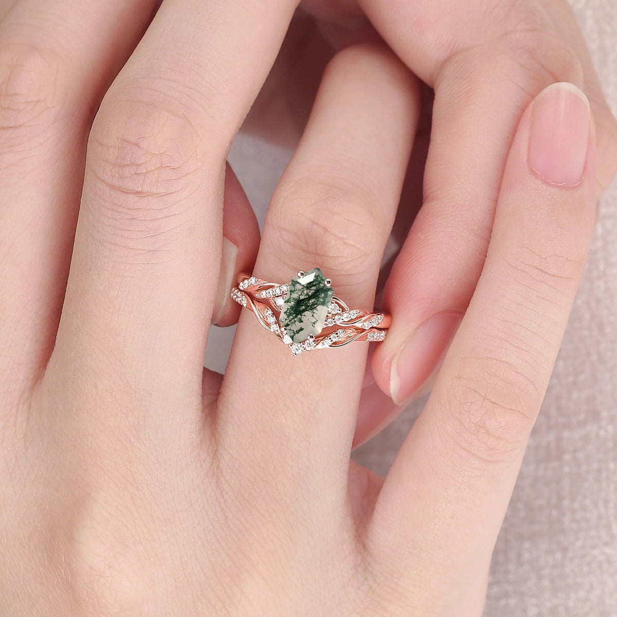 Unique Hexagon Cut Moss Agate Vine Ring Set 2pcs