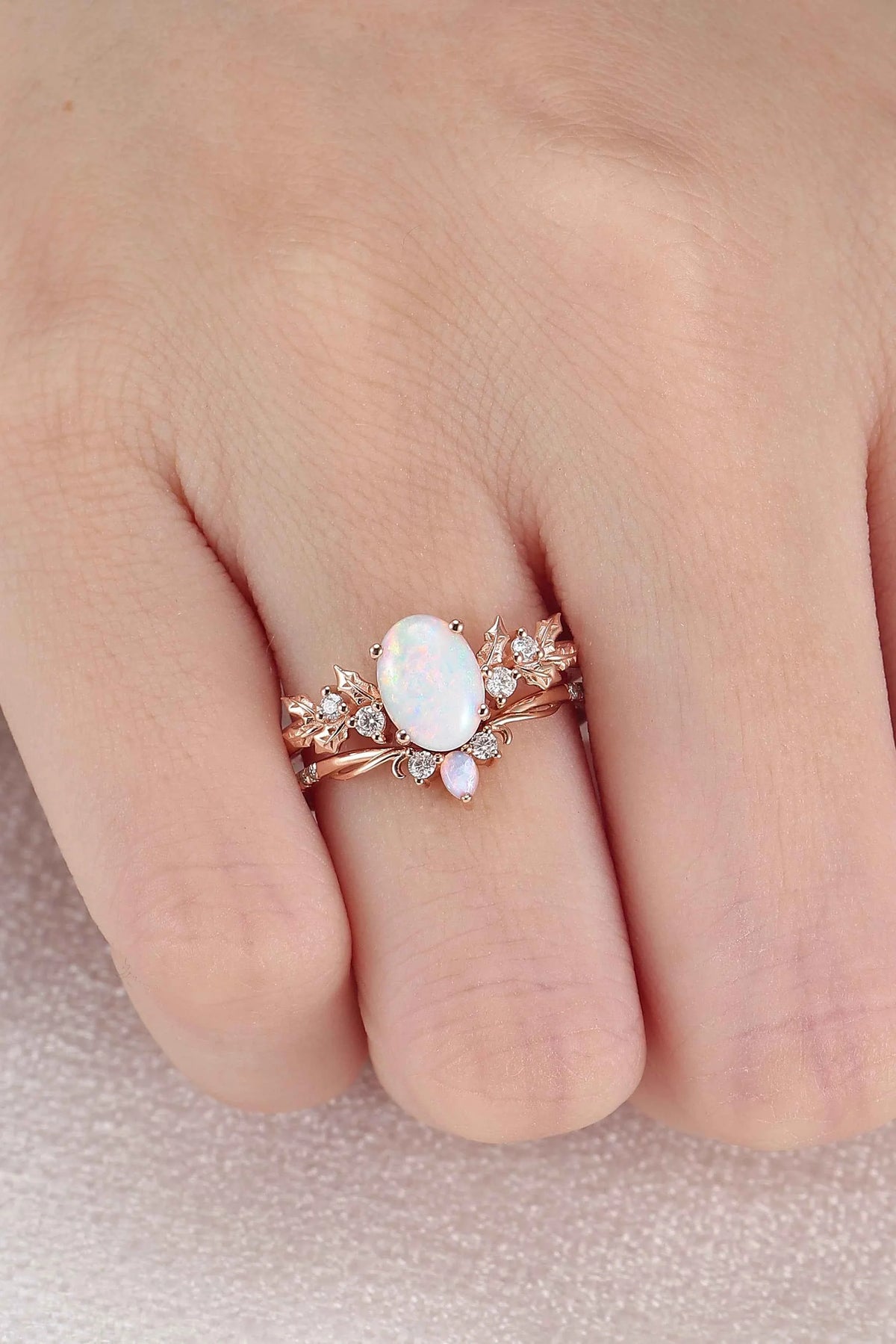 Holly Leafy Oval Natural Opal Engagement Ring Set 2pcs