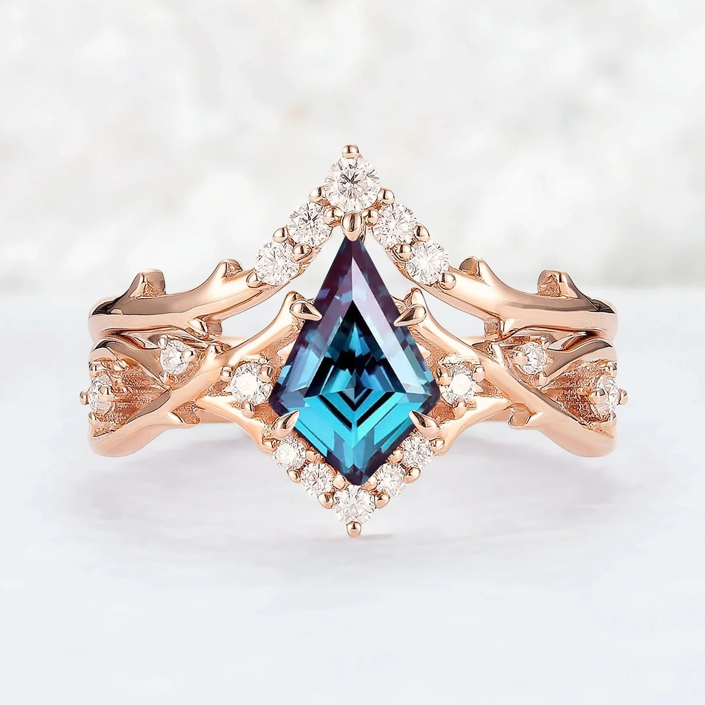 Unique Kite Cut Alexandrite Twig Gemstone Ring Set 2pcs