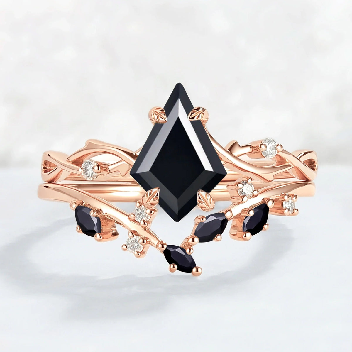Unique Kite Cut Black Onyx Leaf and Vine Gemstone Ring Set 2pcs