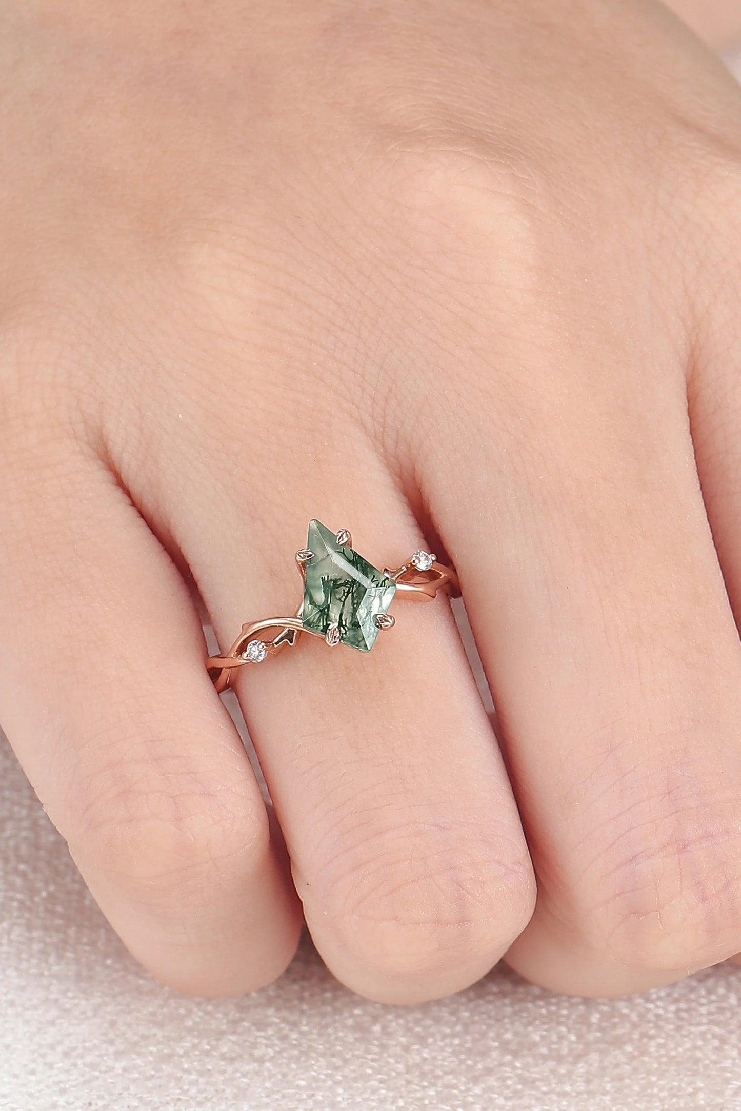 Unique Kite Cut Moss Agate Leaf and Vine Engagement Ring