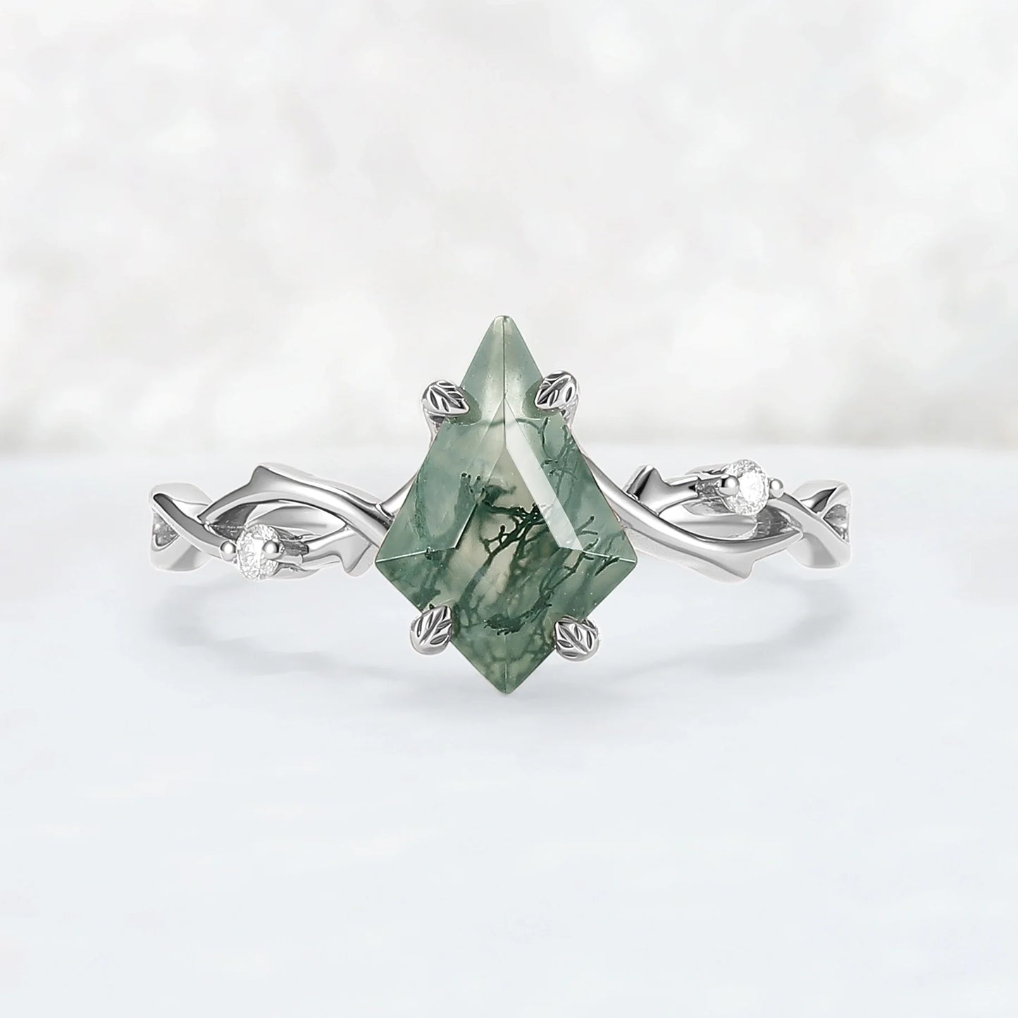 Unique Kite Cut Moss Agate Leaf and Vine Engagement Ring