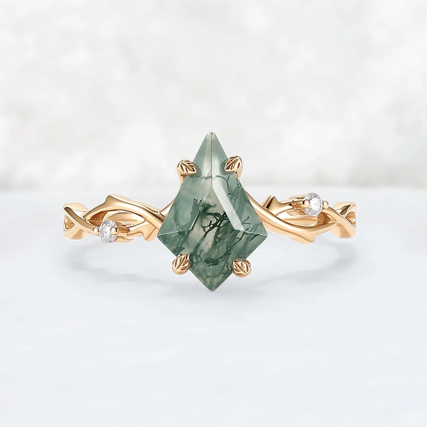 Unique Kite Cut Moss Agate Leaf and Vine Engagement Ring