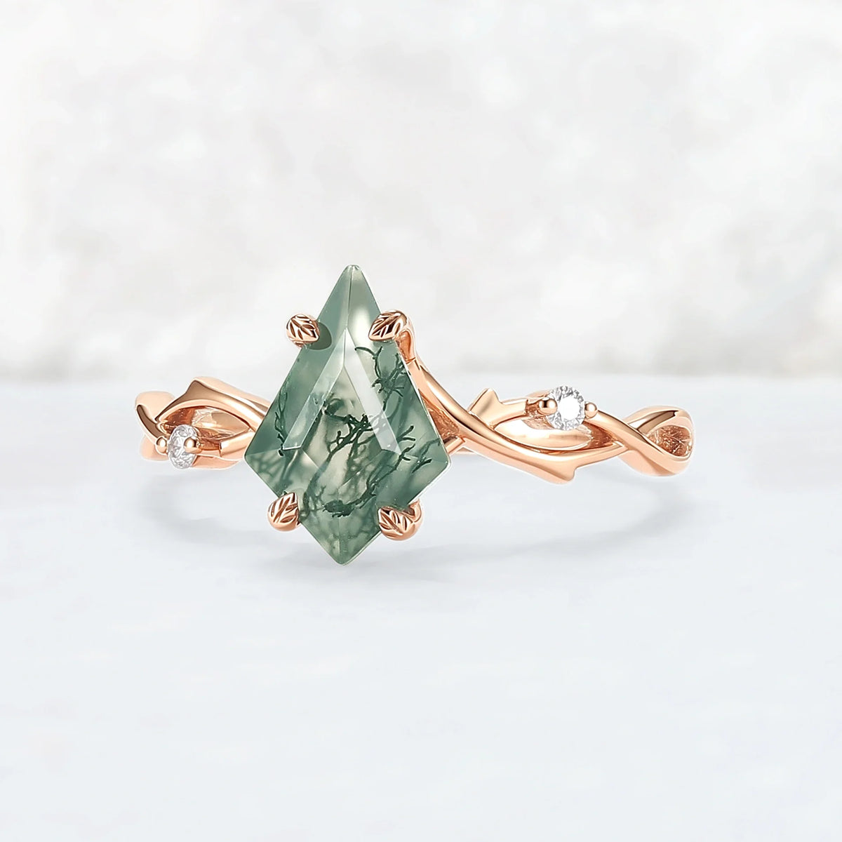 Unique Kite Cut Moss Agate Leaf and Vine Engagement Ring