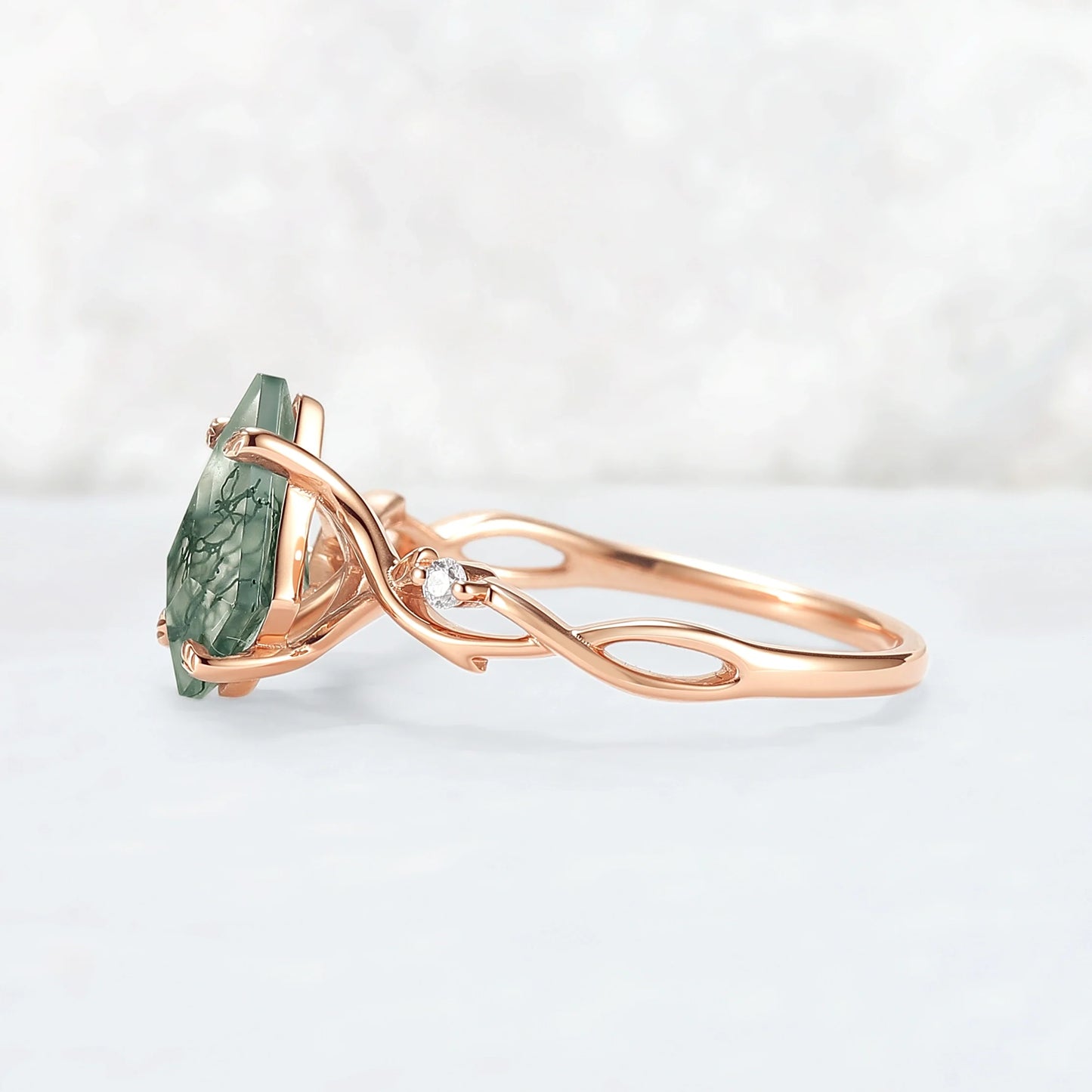 Unique Kite Cut Moss Agate Leaf and Vine Engagement Ring