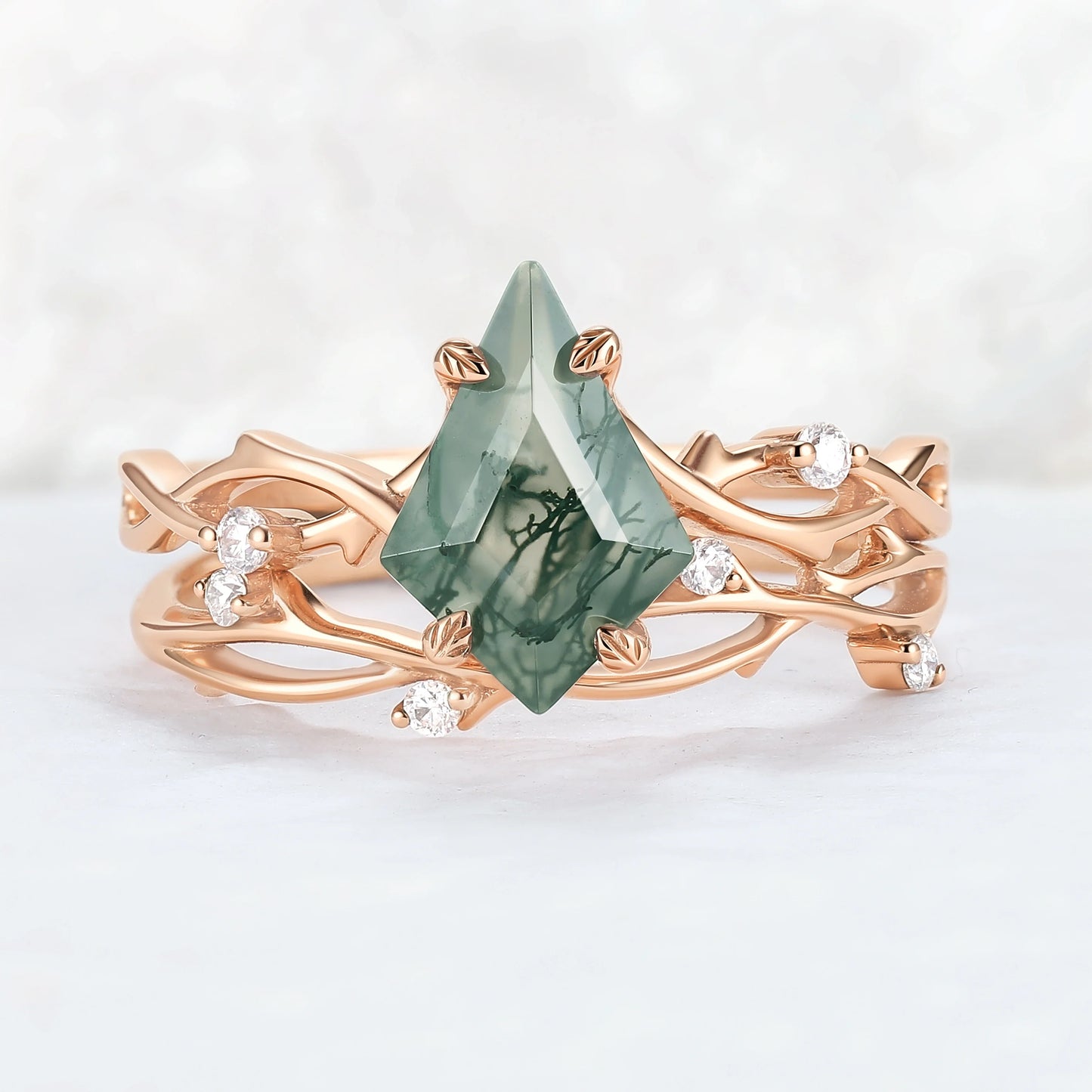 Unique Kite Cut Moss Agate Leaf and Vine Gemstone Ring Set 2pcs
