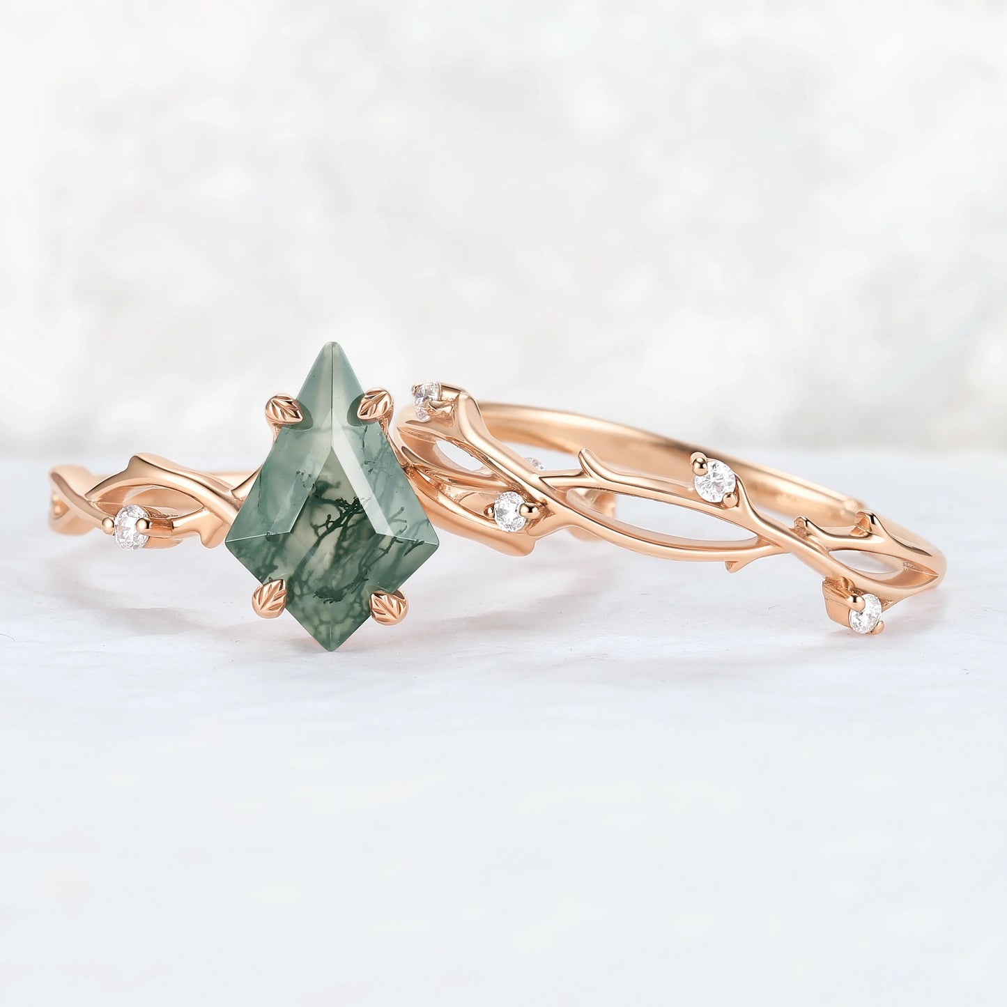 Unique Kite Cut Moss Agate Leaf and Vine Gemstone Ring Set 2pcs