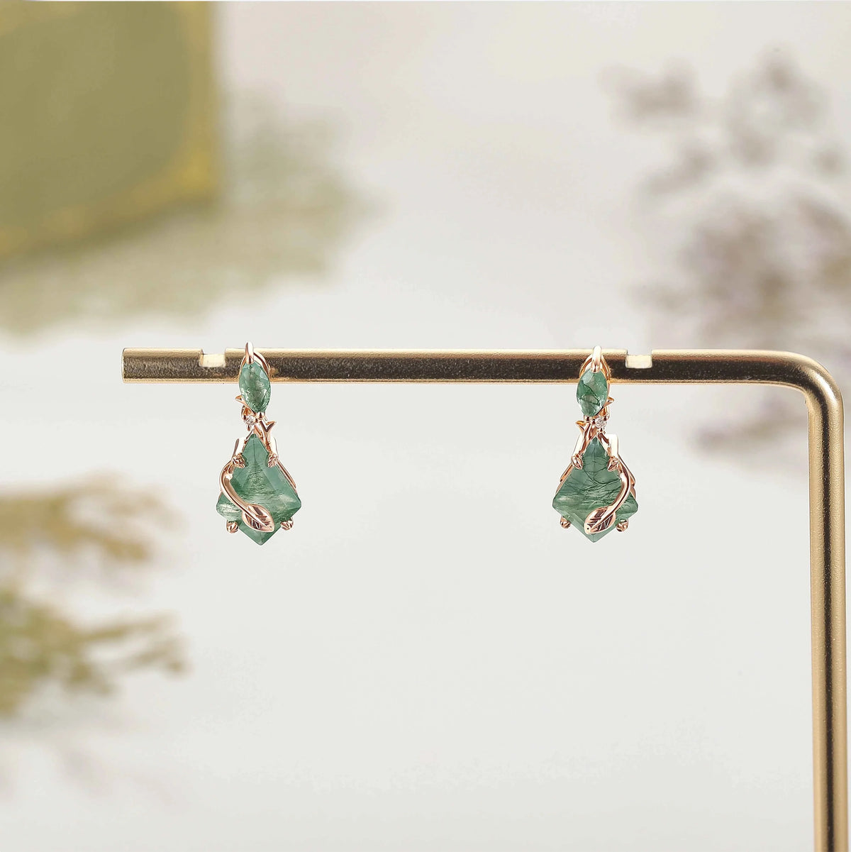 Unique Kite Cut Moss Agate Leafy Earrings Gift for Her