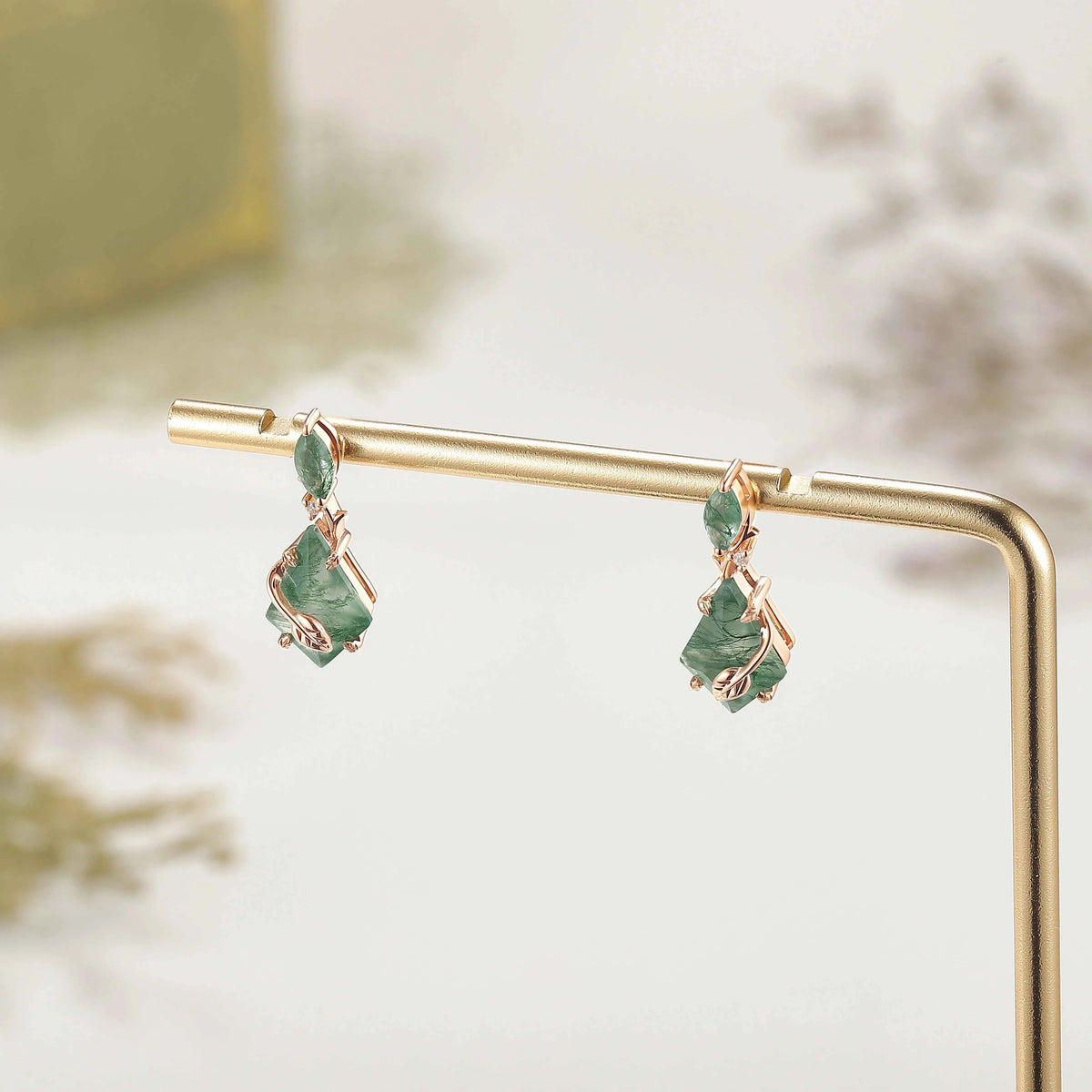 Unique Kite Cut Moss Agate Leafy Earrings Gift for Her