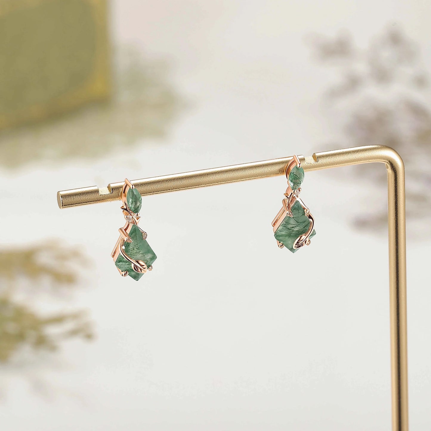 Unique Kite Cut Moss Agate Leafy Earrings Gift for Her