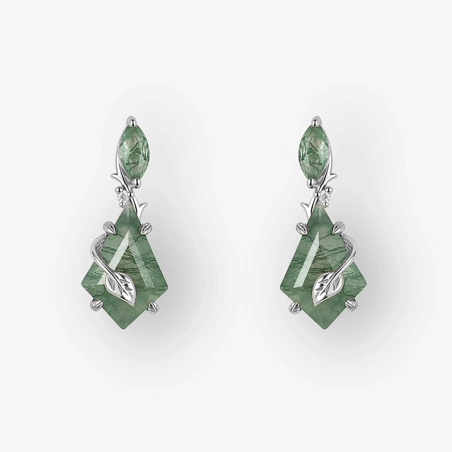 Unique Kite Cut Moss Agate Leafy Earrings Gift for Her