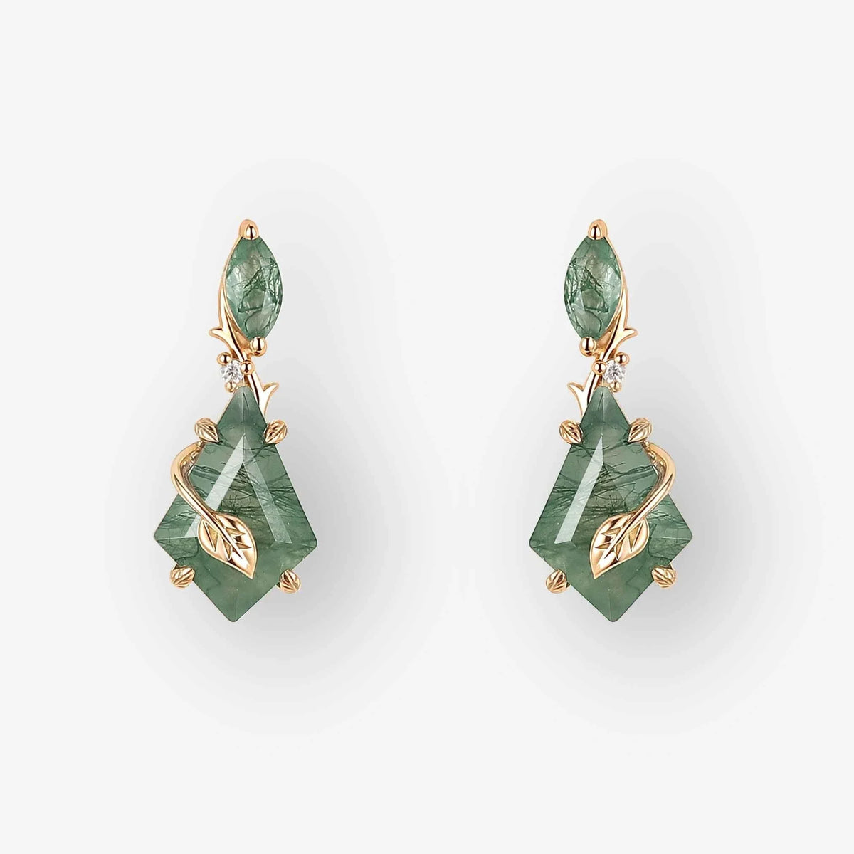 Unique Kite Cut Moss Agate Leafy Earrings Gift for Her