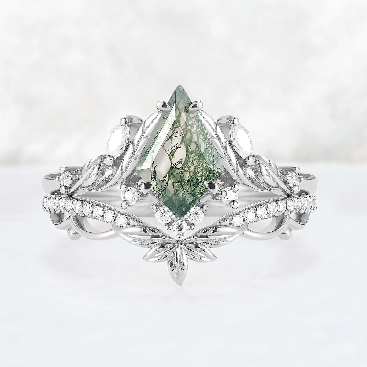 Unique Kite Cut Moss Agate Moissanite Leaf Gemstone Ring Set 2pcs