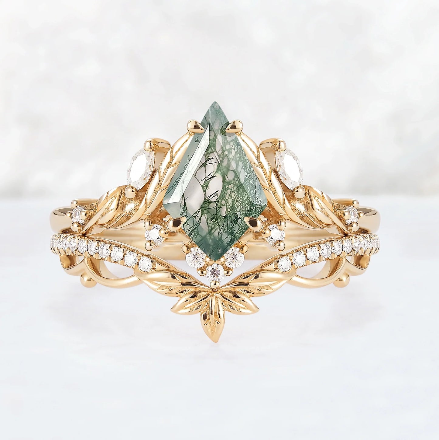 Unique Kite Cut Moss Agate Moissanite Leaf Gemstone Ring Set 2pcs