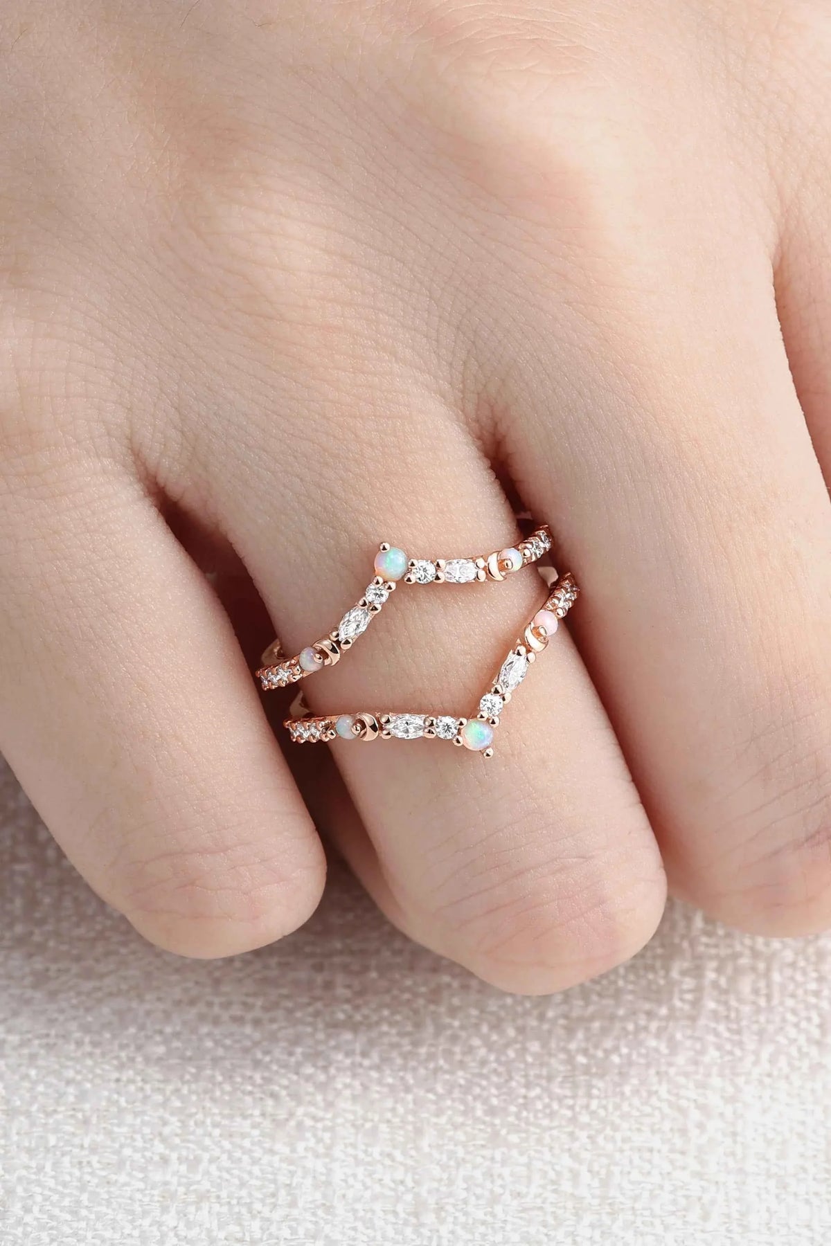Unique Moissanite and Opal Moon Style Enhancer Ring