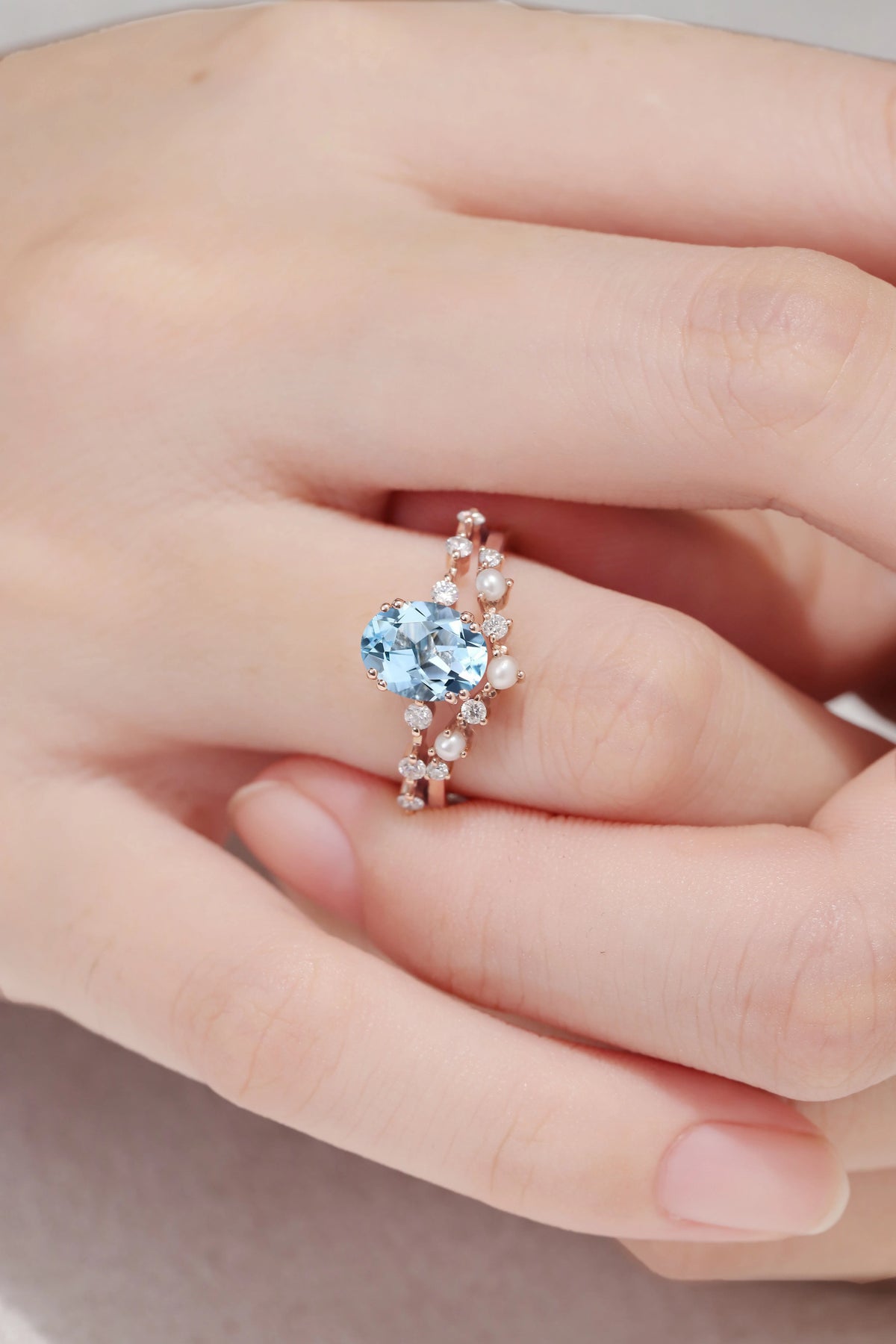 Unique Oval Cut Aquamarine Pearl Captivating Engagement Ring Set 2pcs