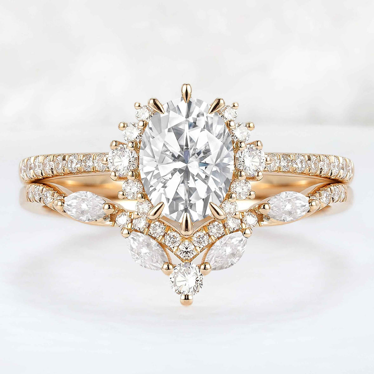 Unique Oval Cut Moissanite Half Enternity Ring Set 2pcs
