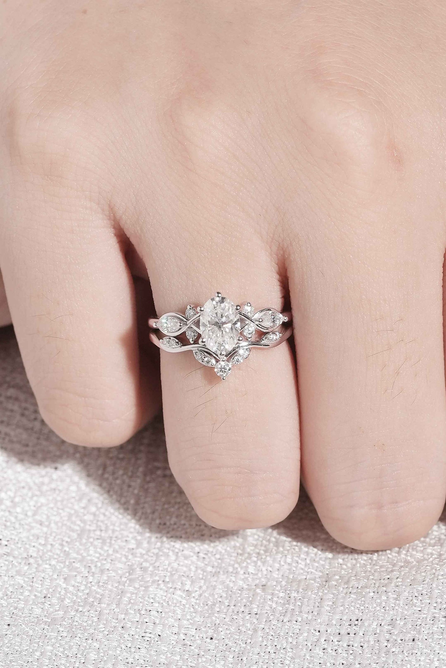 Unique Oval Cut Moissanite Seven Stones Gemstone Silver Ring Set 2pcs