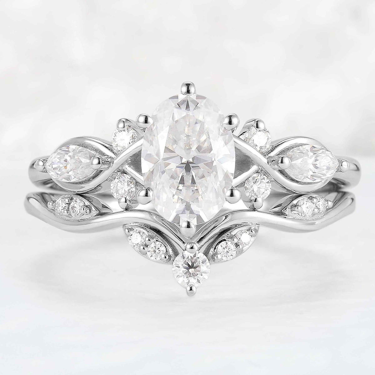 Unique Oval Cut Moissanite Seven Stones Gemstone Silver Ring Set 2pcs
