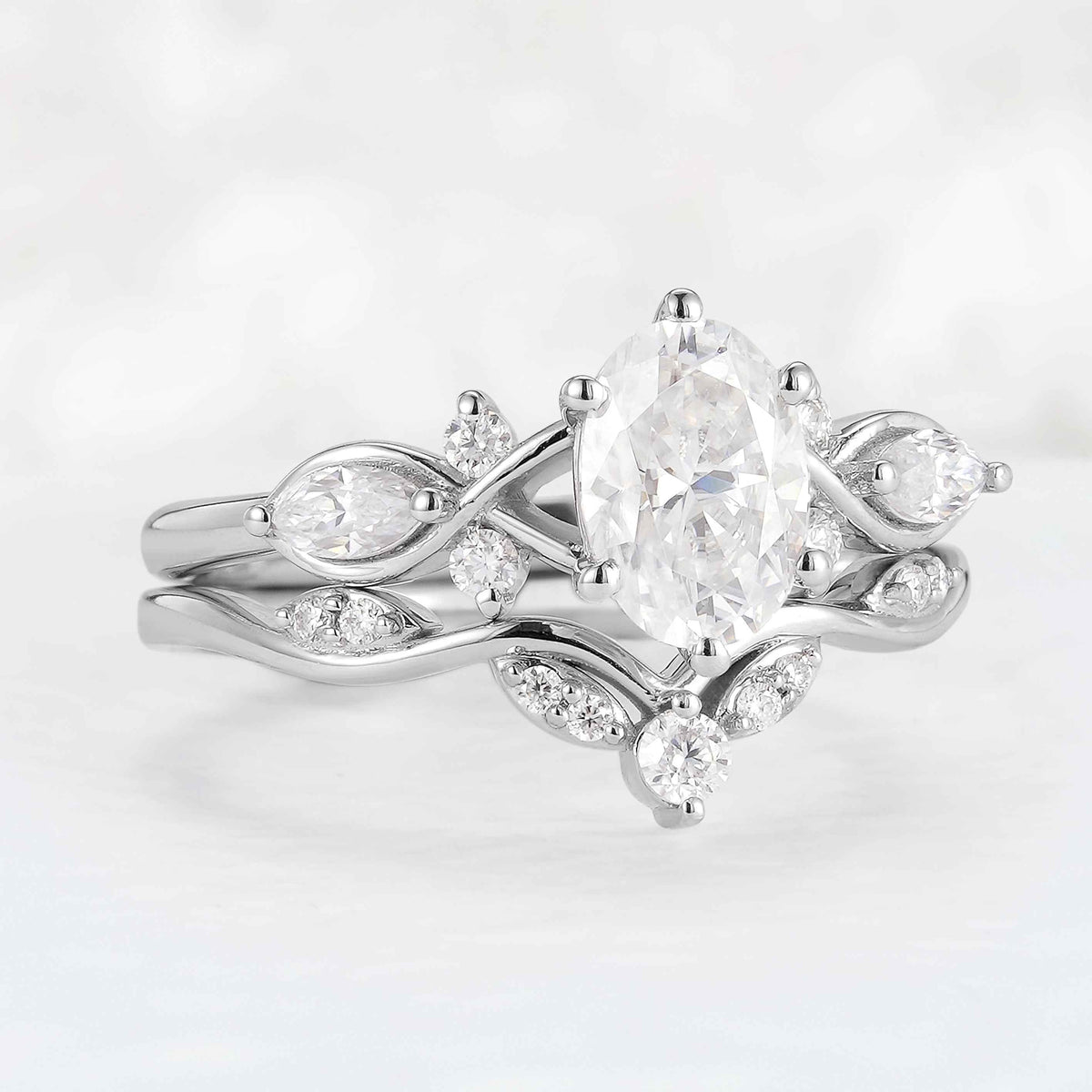 Unique Oval Cut Moissanite Seven Stones Gemstone Silver Ring Set 2pcs