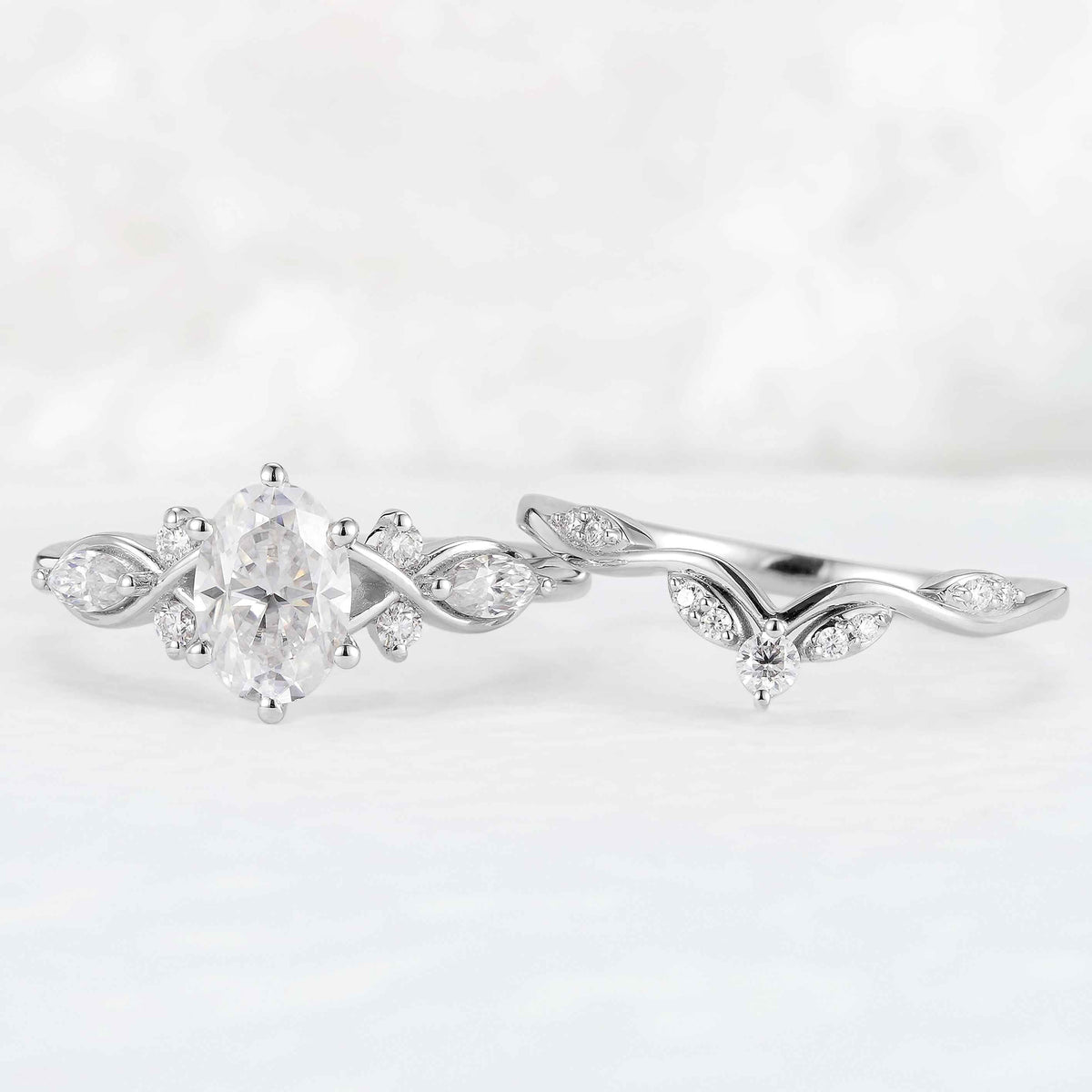 Unique Oval Cut Moissanite Seven Stones Gemstone Silver Ring Set 2pcs