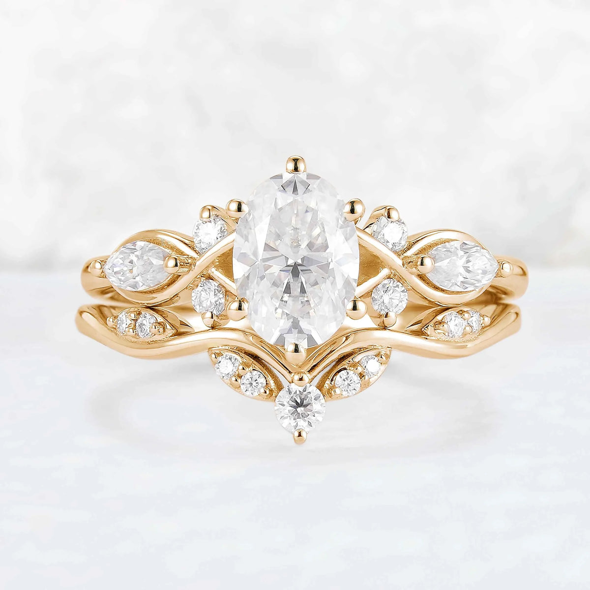 Unique Oval Cut Moissanite Seven Stones Gemstone Silver Ring Set 2pcs