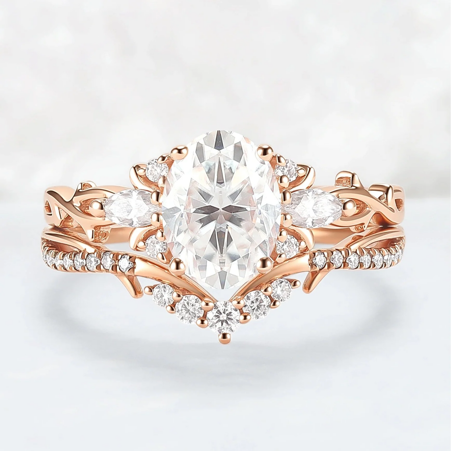 Unique Oval Cut Moissanite Vine Engagement Ring Set 2pcs
