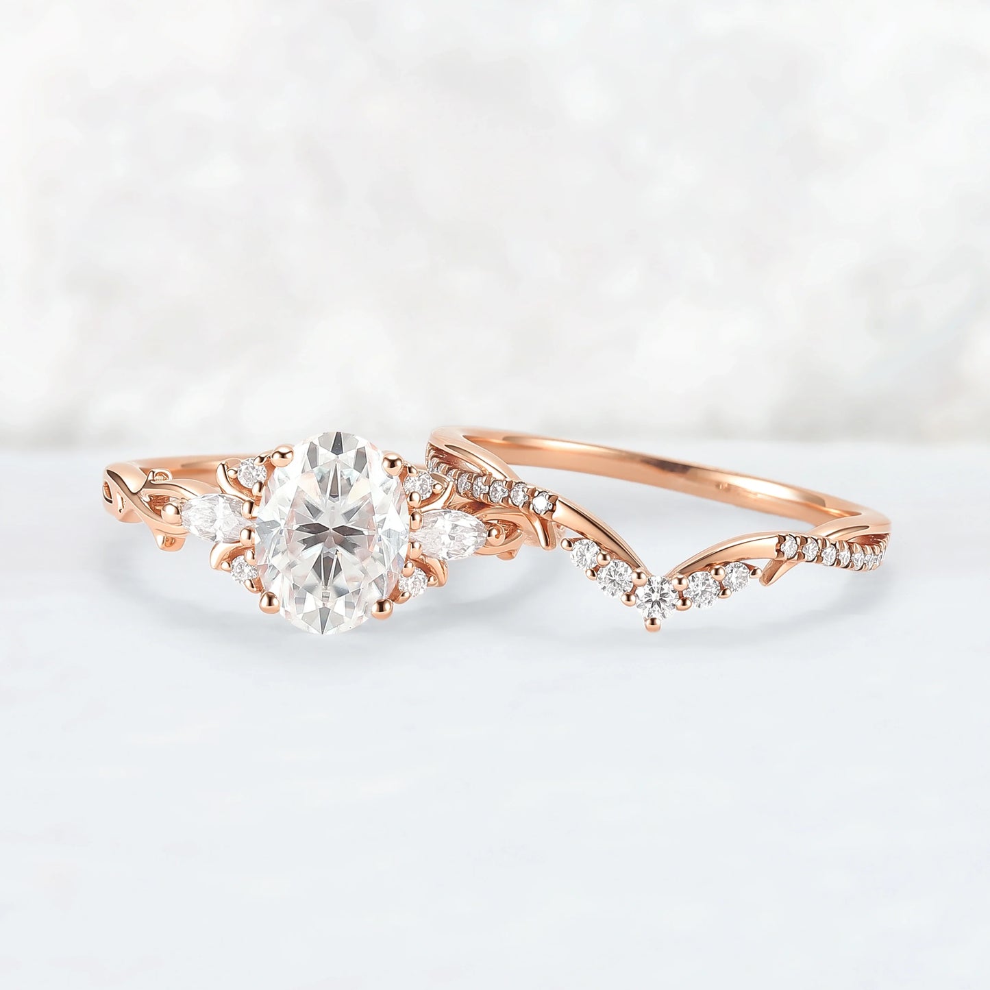 Unique Oval Cut Moissanite Vine Engagement Ring Set 2pcs