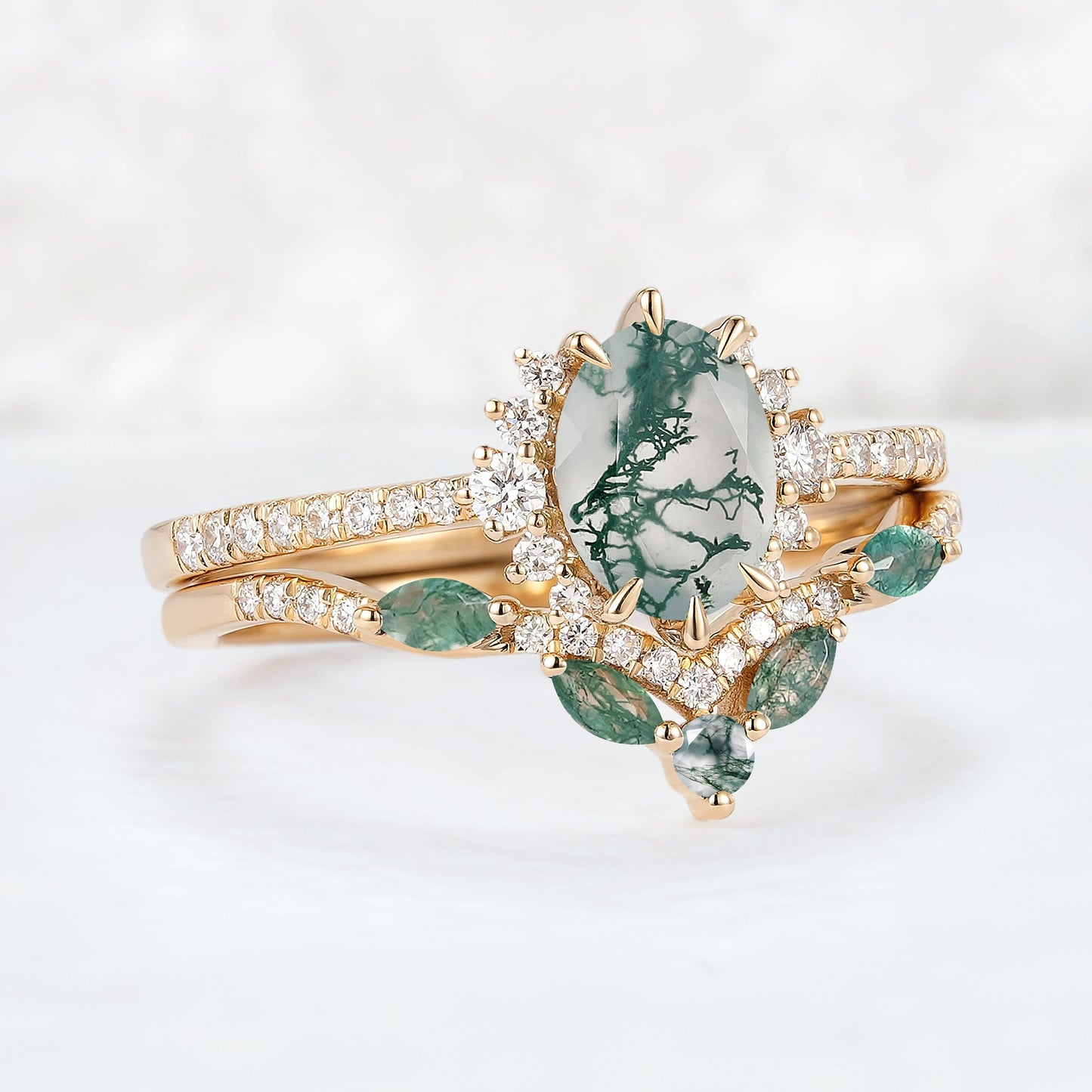Unique Oval Cut Moss Agate Half Enternity Ring Set 2pcs