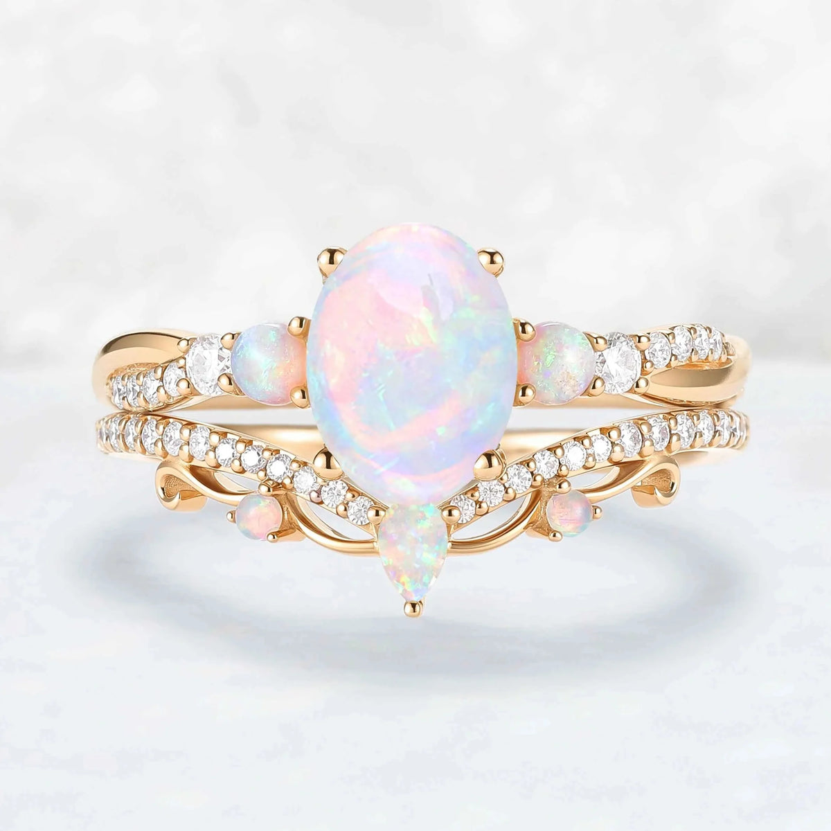 Unique Oval Cut Natural Opal Engagement Ring Set 2pcs