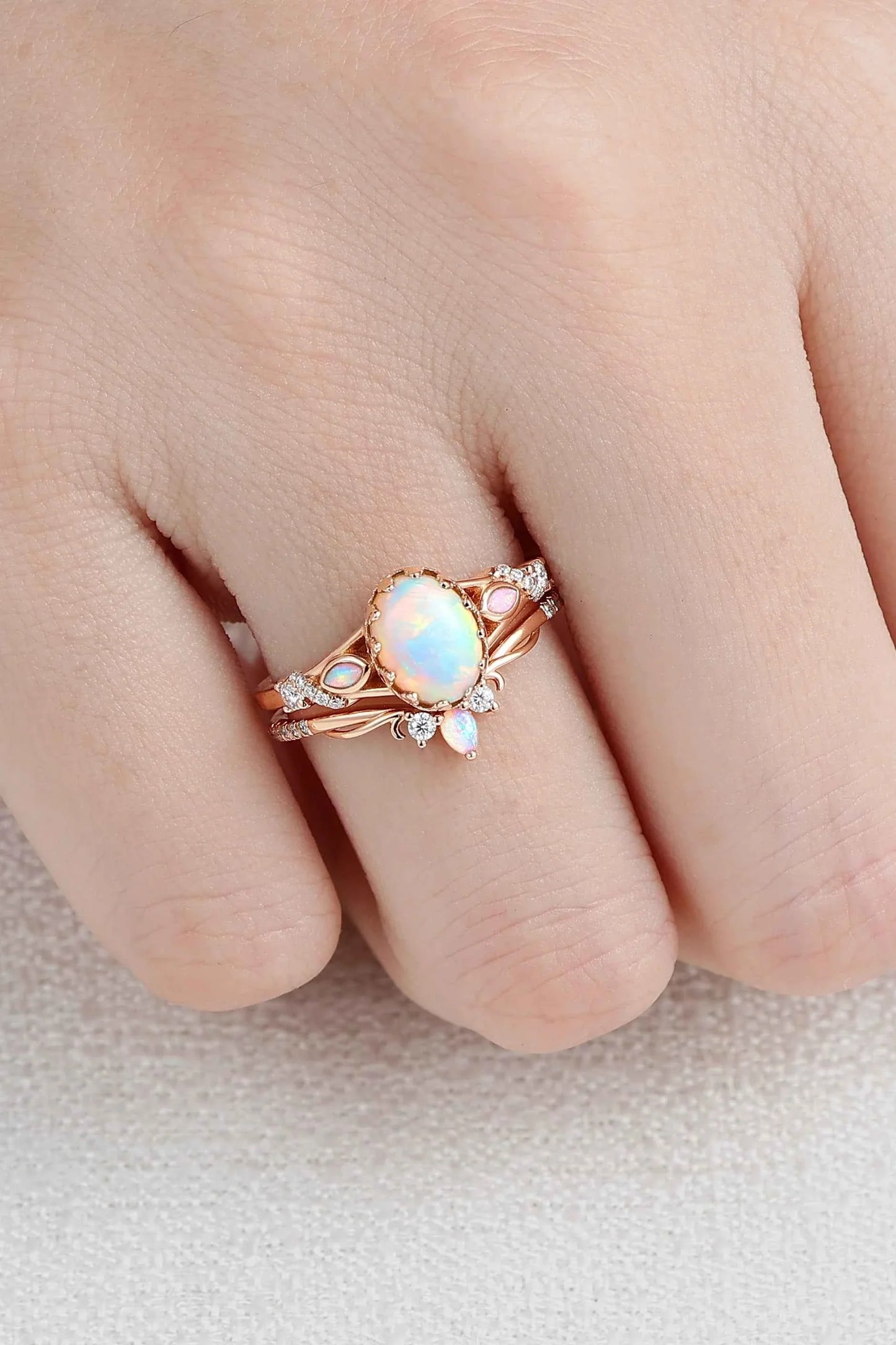 Unique Oval Cut Natural Opal Flora Bezel Inlaid Gemstone Ring Set 2pcs