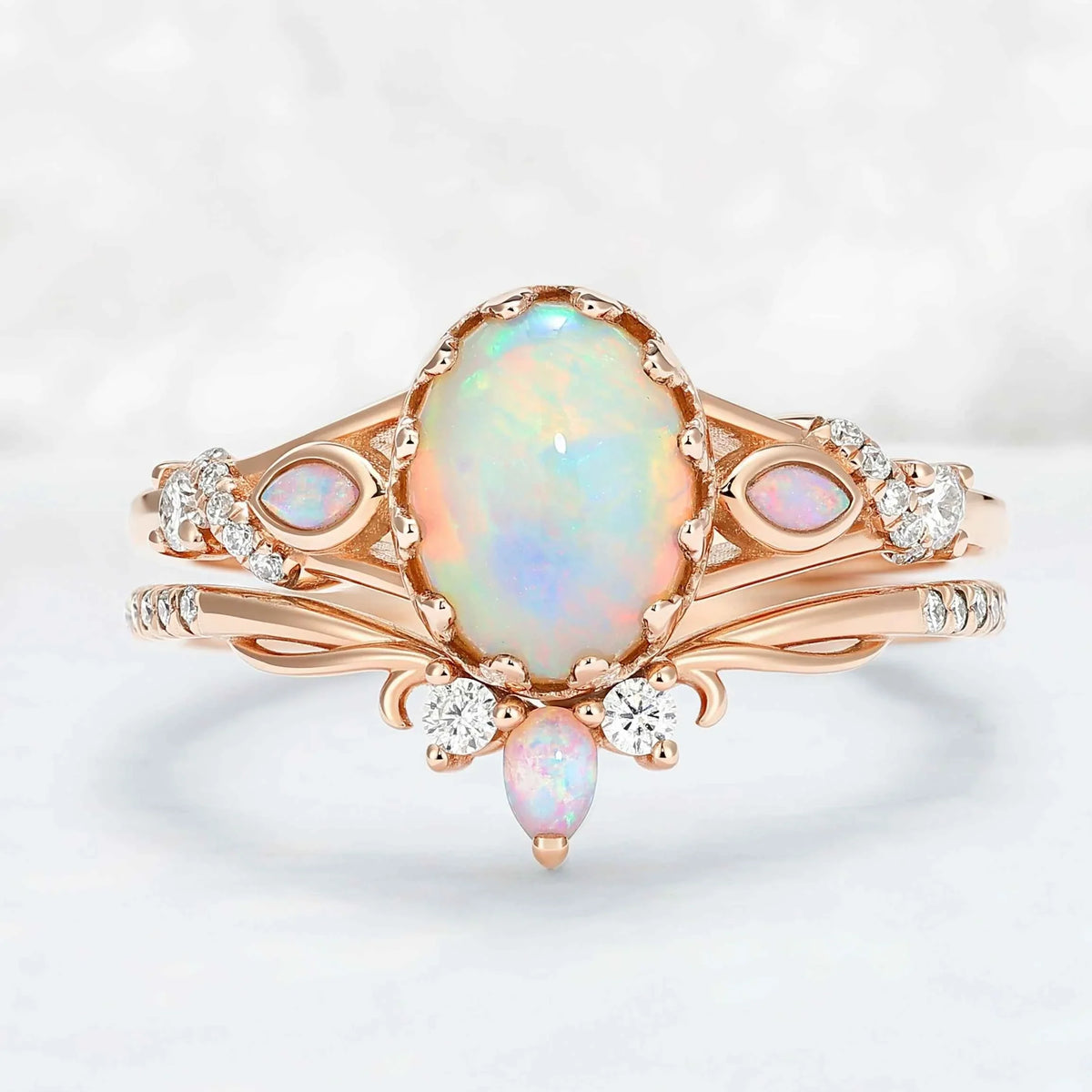 Unique Oval Cut Natural Opal Flora Bezel Inlaid Gemstone Ring Set 2pcs