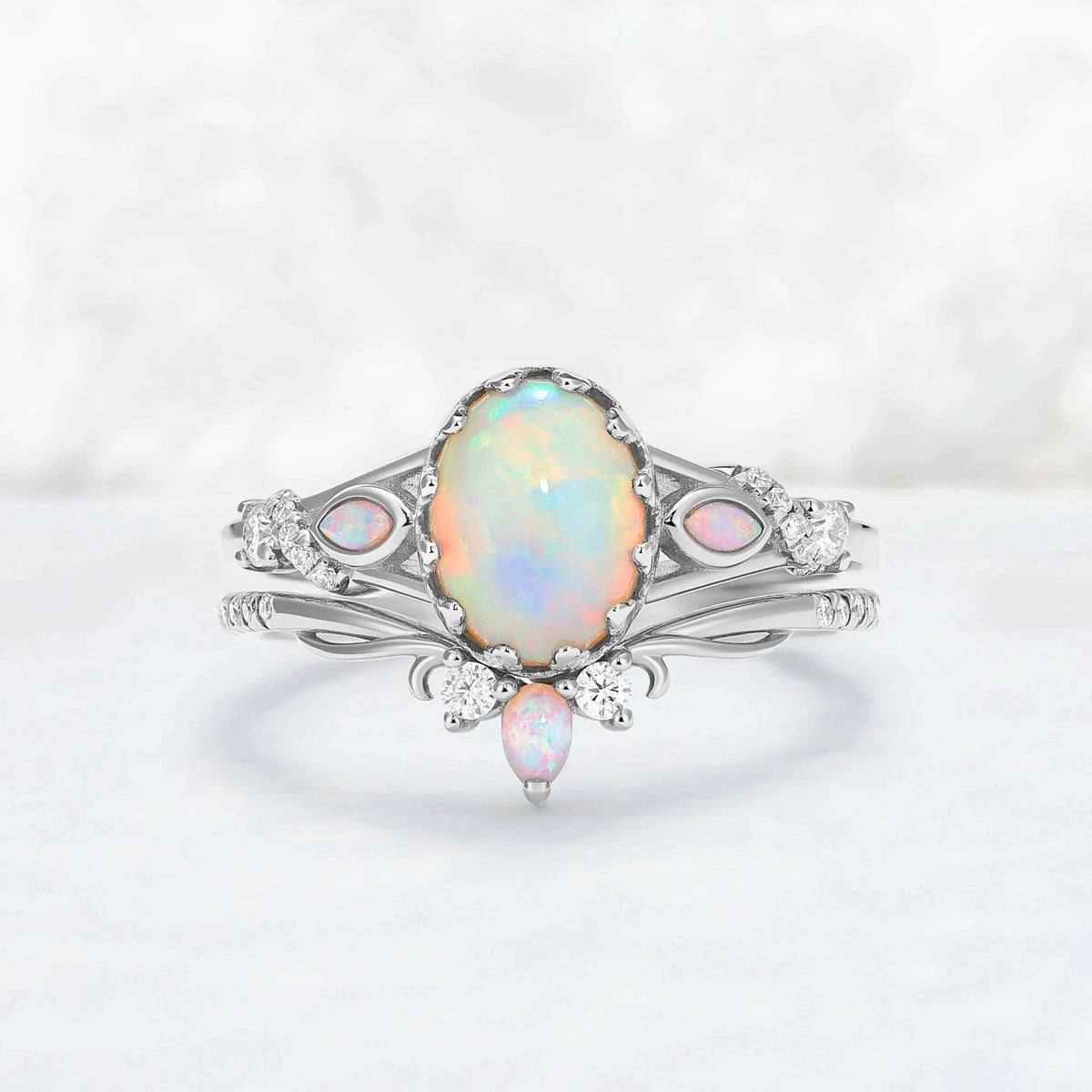 Unique Oval Cut Natural Opal Flora Bezel Inlaid Gemstone Ring Set 2pcs