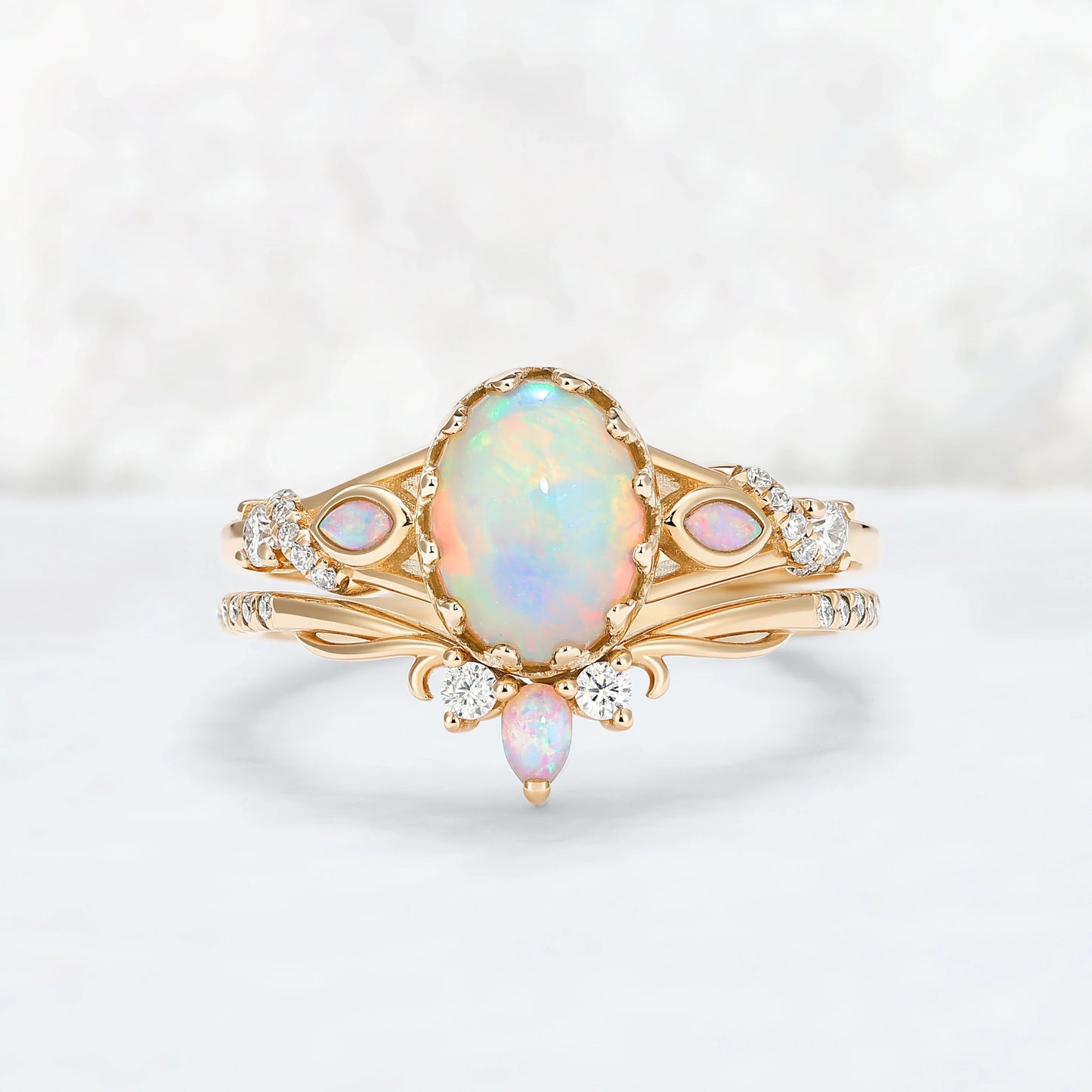 Unique Oval Cut Natural Opal Flora Bezel Inlaid Gemstone Ring Set 2pcs