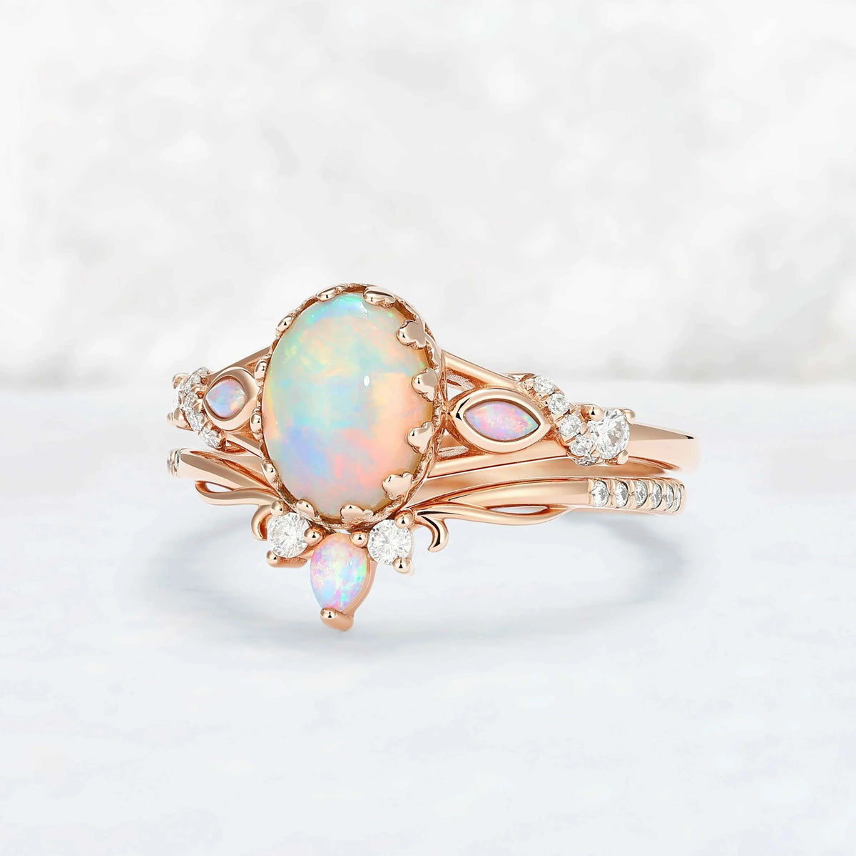 Unique Oval Cut Natural Opal Flora Bezel Inlaid Gemstone Ring Set 2pcs