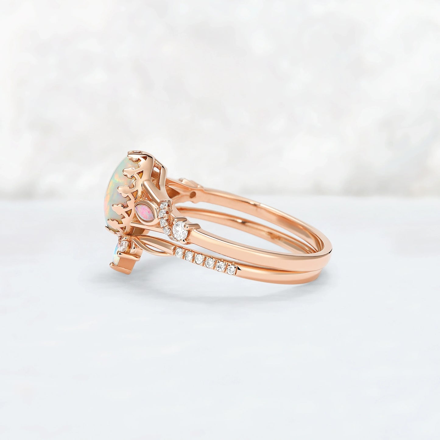 Unique Oval Cut Natural Opal Flora Bezel Inlaid Gemstone Ring Set 2pcs