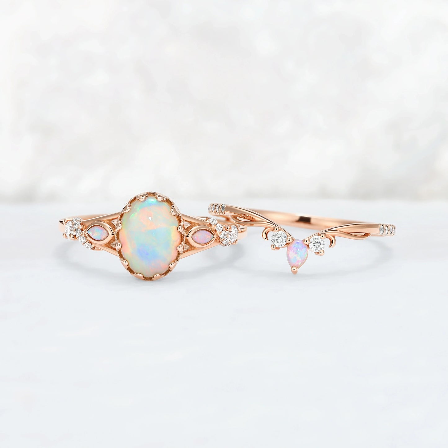 Unique Oval Cut Natural Opal Flora Bezel Inlaid Gemstone Ring Set 2pcs