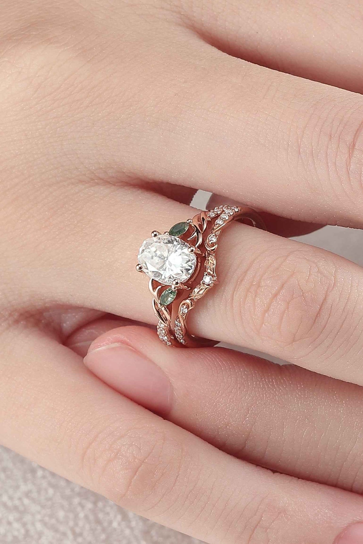 Unique Oval Shaped Moissanite Twig Ring Set 2pcs