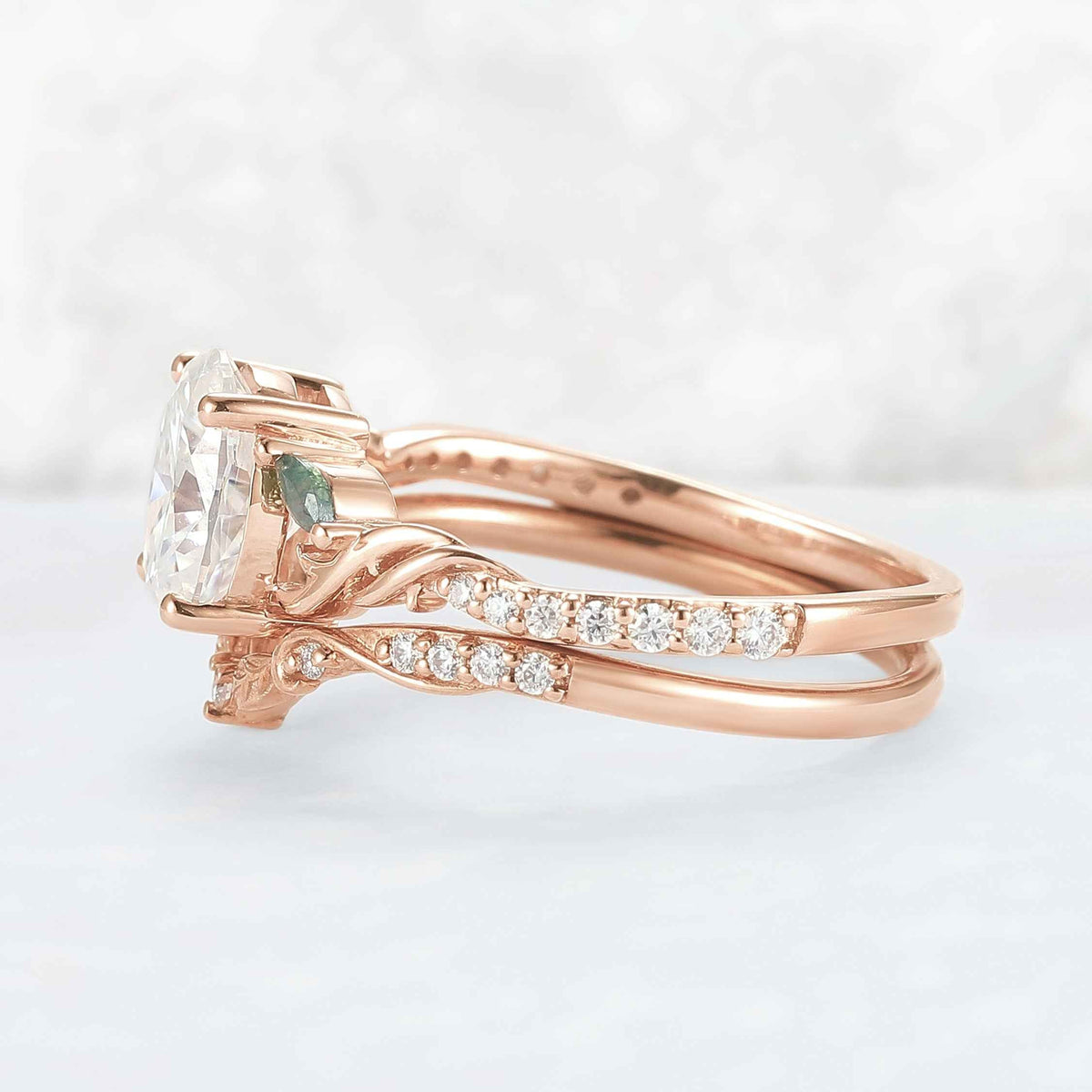 Unique Oval Shaped Moissanite Twig Ring Set 2pcs