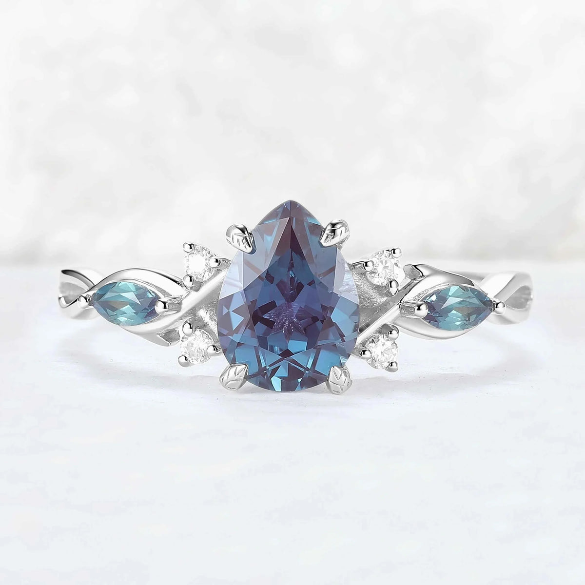 Unique Pear Cut Alexandrite Cluster Engagement Ring