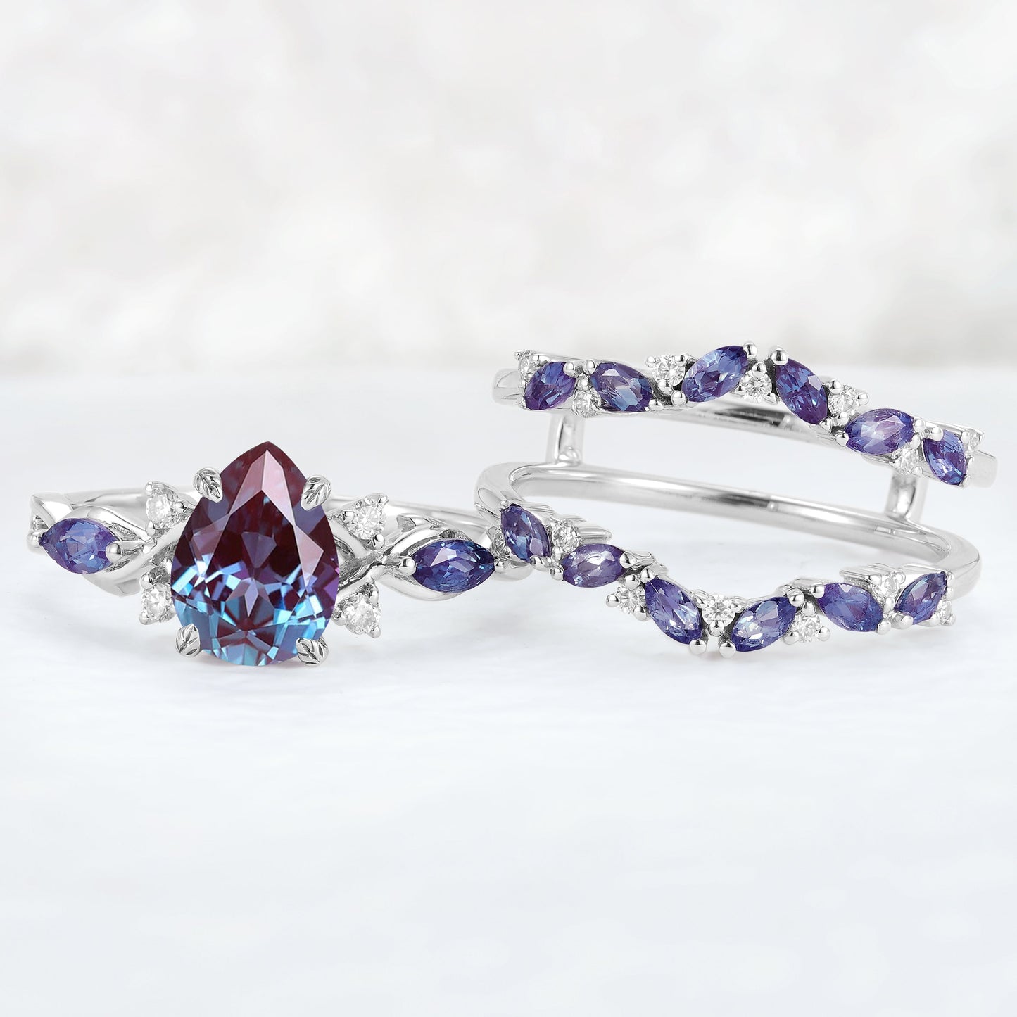 Unique Pear Cut Alexandrite Cluster Enhancer Gemstone Ring Set