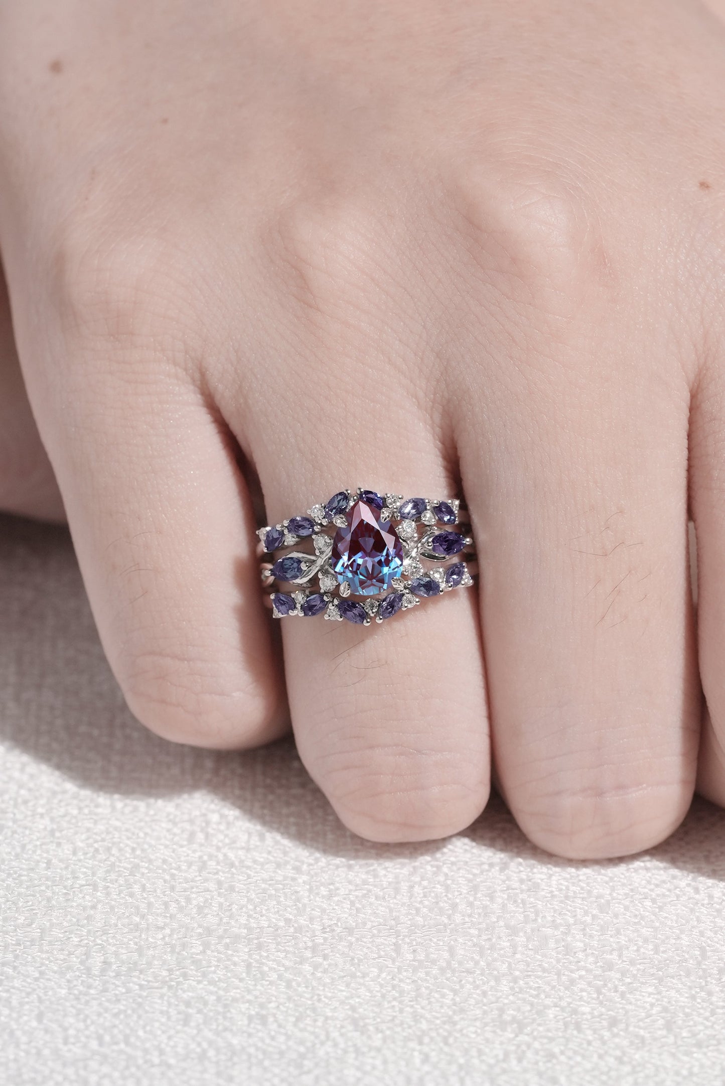 Unique Pear Cut Alexandrite Cluster Enhancer Gemstone Ring Set