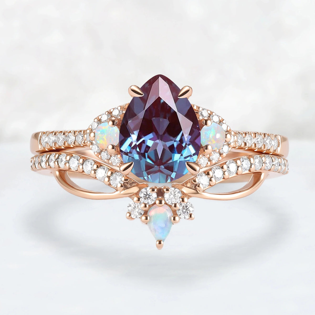 Unique Pear Cut Alexandrite Vine Gemstone Ring Set 2pcs