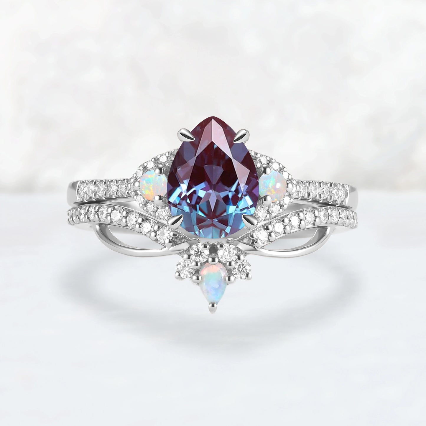 Unique Pear Cut Alexandrite Vine Gemstone Ring Set 2pcs