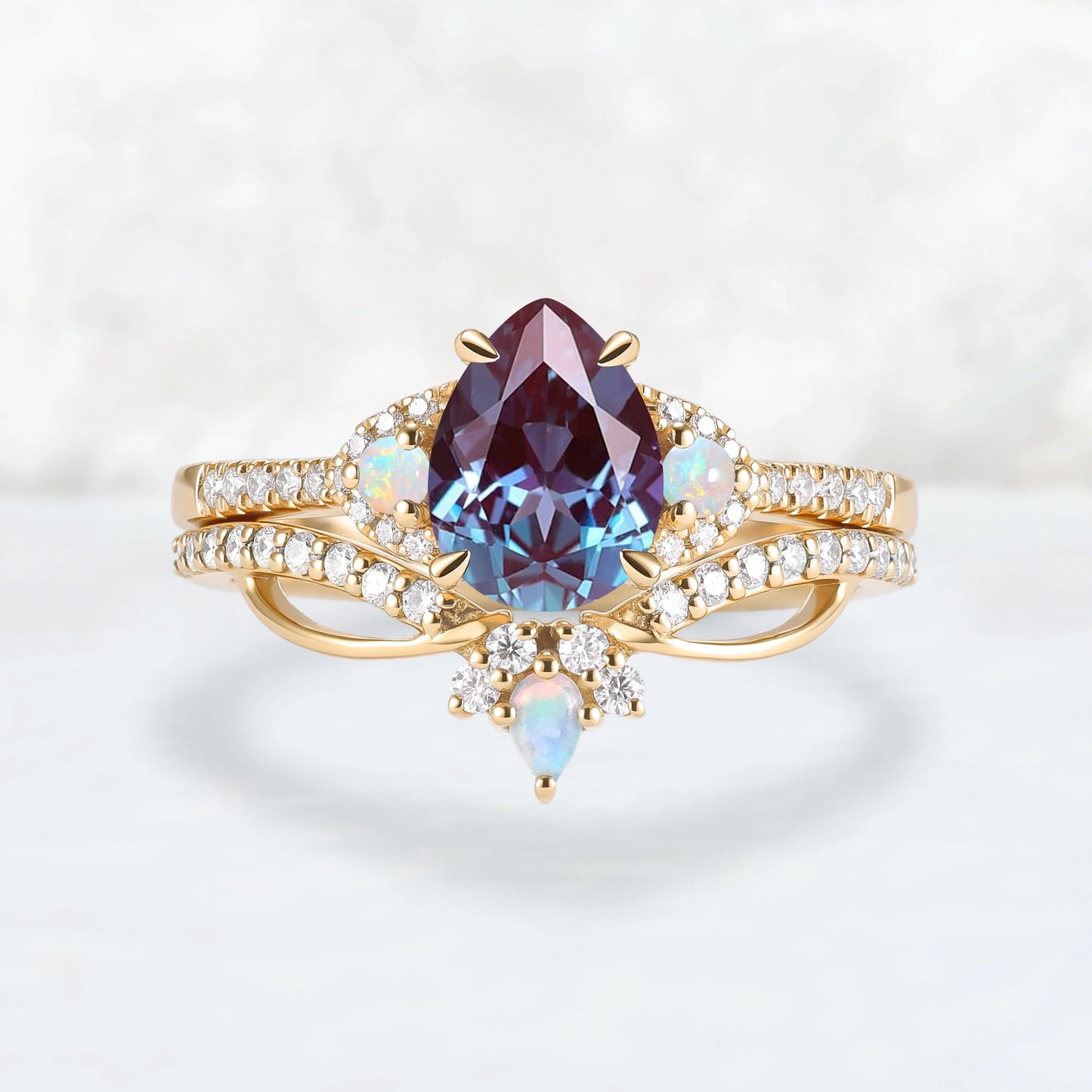 Unique Pear Cut Alexandrite Vine Gemstone Ring Set 2pcs