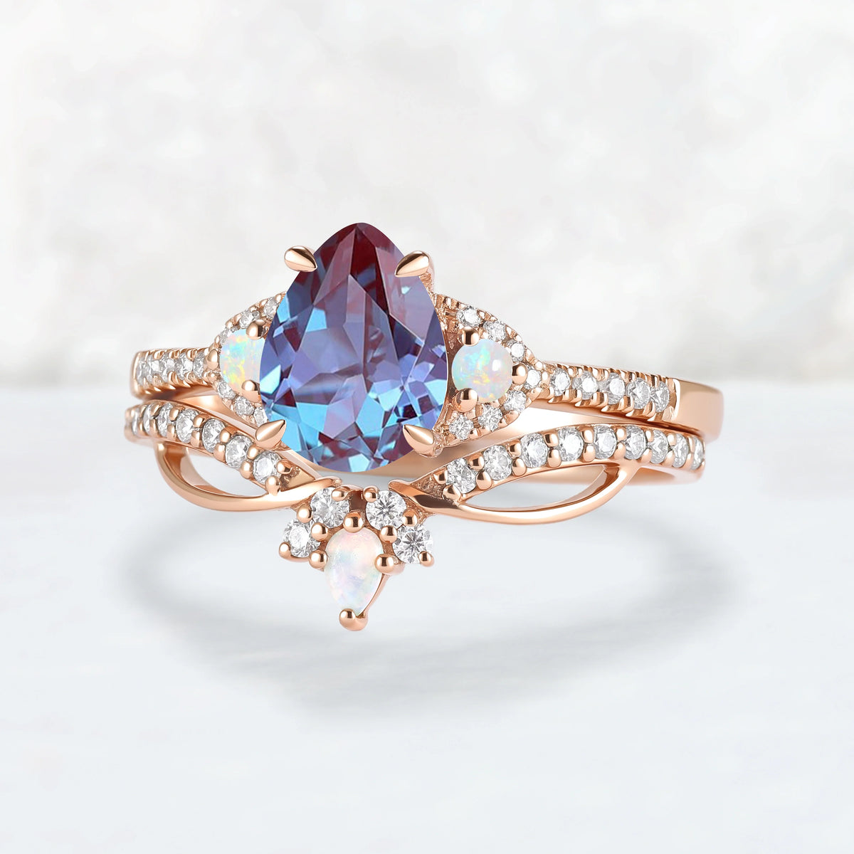 Unique Pear Cut Alexandrite Vine Gemstone Ring Set 2pcs