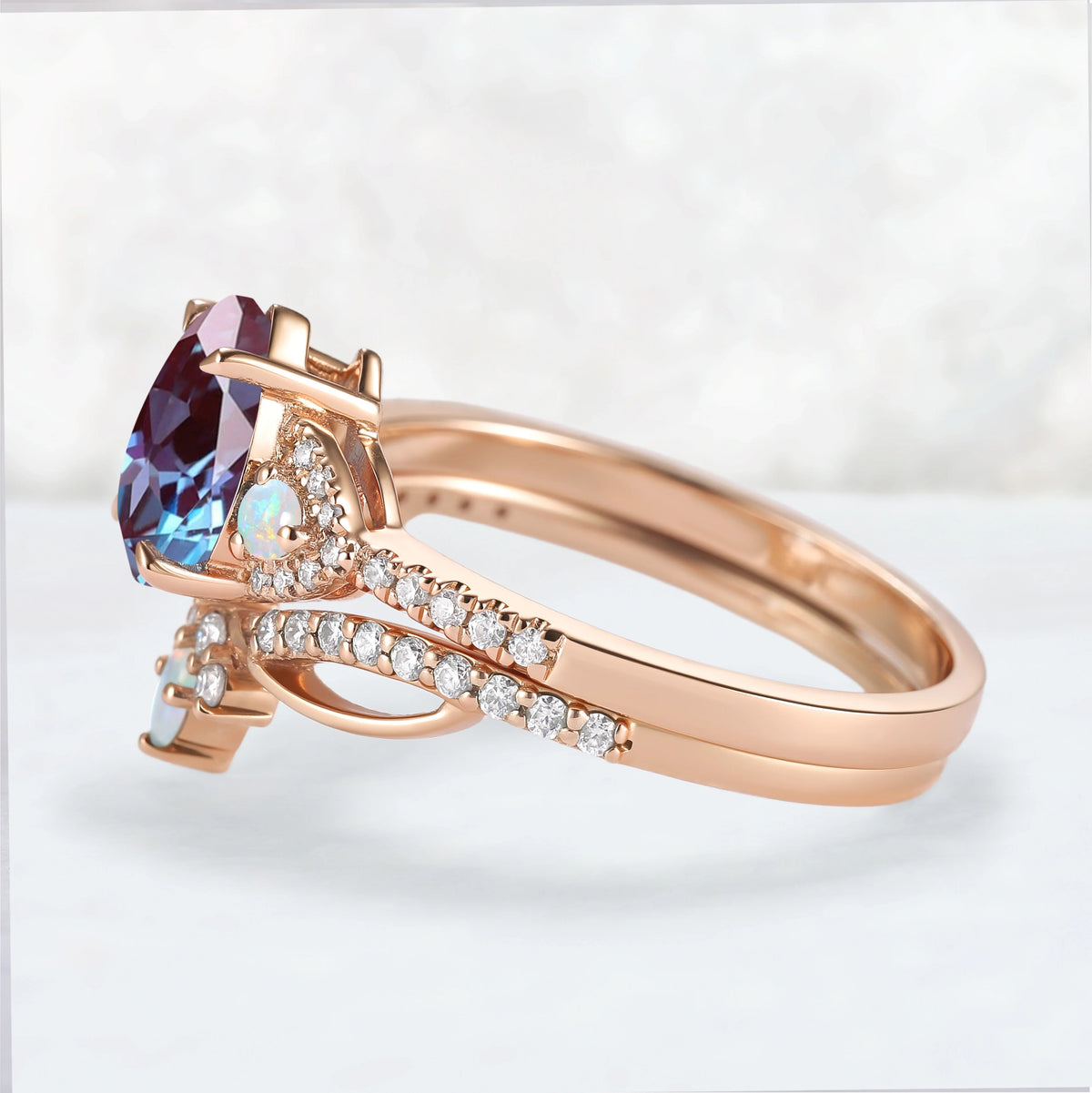 Unique Pear Cut Alexandrite Vine Gemstone Ring Set 2pcs